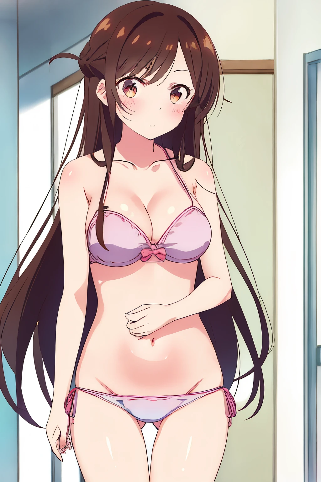 1 girl, alone, chizuru mizuhara, masterpiece, best quality, 8k wallpaper, beautiful detailed eyes, 1 girl, long hair, breasts, looking at viewer, blushing, brown hair, navel, cleavage, brown eyes, big breasts , medium hips, wide thighs, standing, collarbone, swimsuit, bikini, cowboy shot, side-tie_bikini_bottom, halter neck, ass_visible_through_thighs, thigh_gap, pink_bikini, mizuhara_chizuru