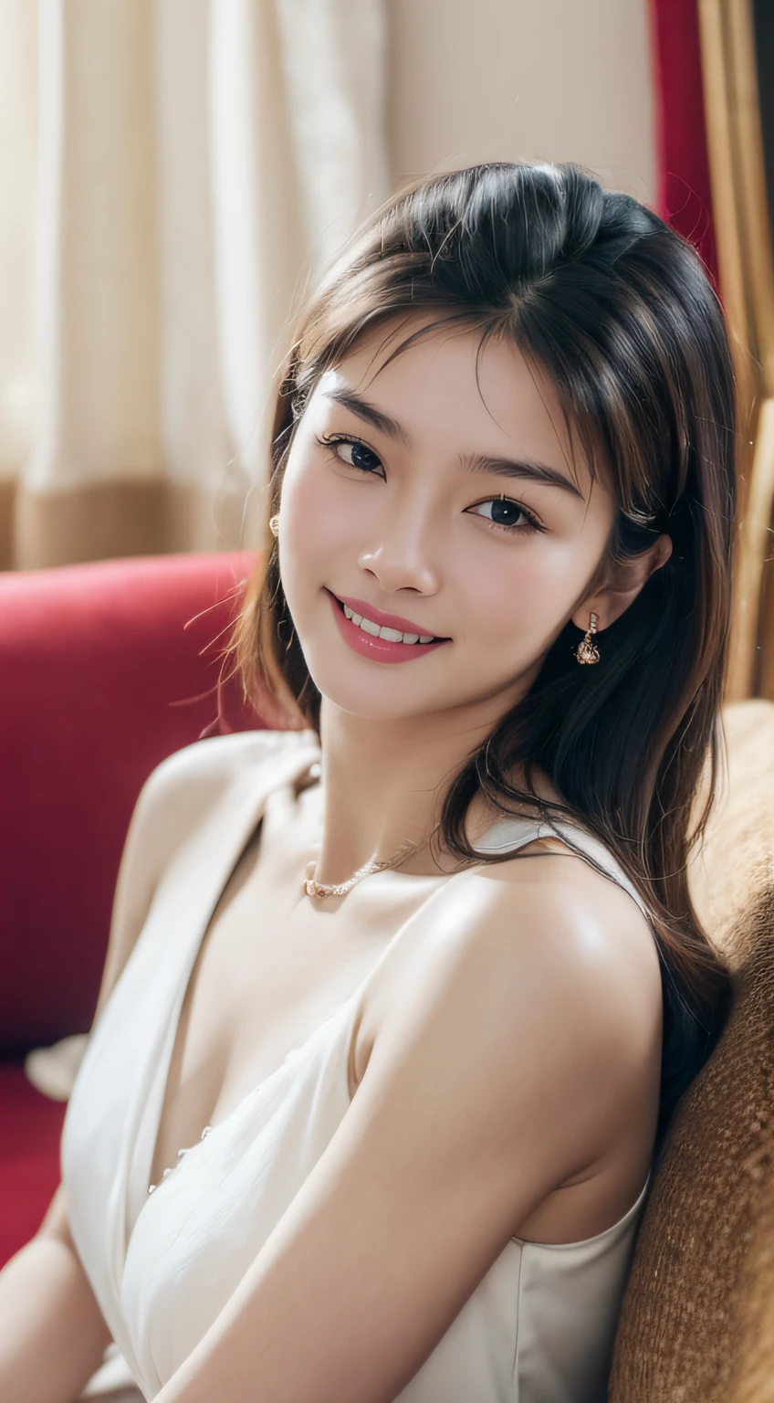 (photorealistic:1.40, 8K, RAW photo, ultra high res, Best Quality, Masterpiece: 1.2, lowest lux),
(Improved Cinematic Lighting: 0.9),
(Best image quality real skin: 1.4),
Susan,
lying on a sofa,
vintage style,
a close-up photo,
natural detailed eyes:1.1,
natural detailed lips,
(Wearing noble dress),
no makeup,
smile facing the camera,
Highly detailed face and skin texture