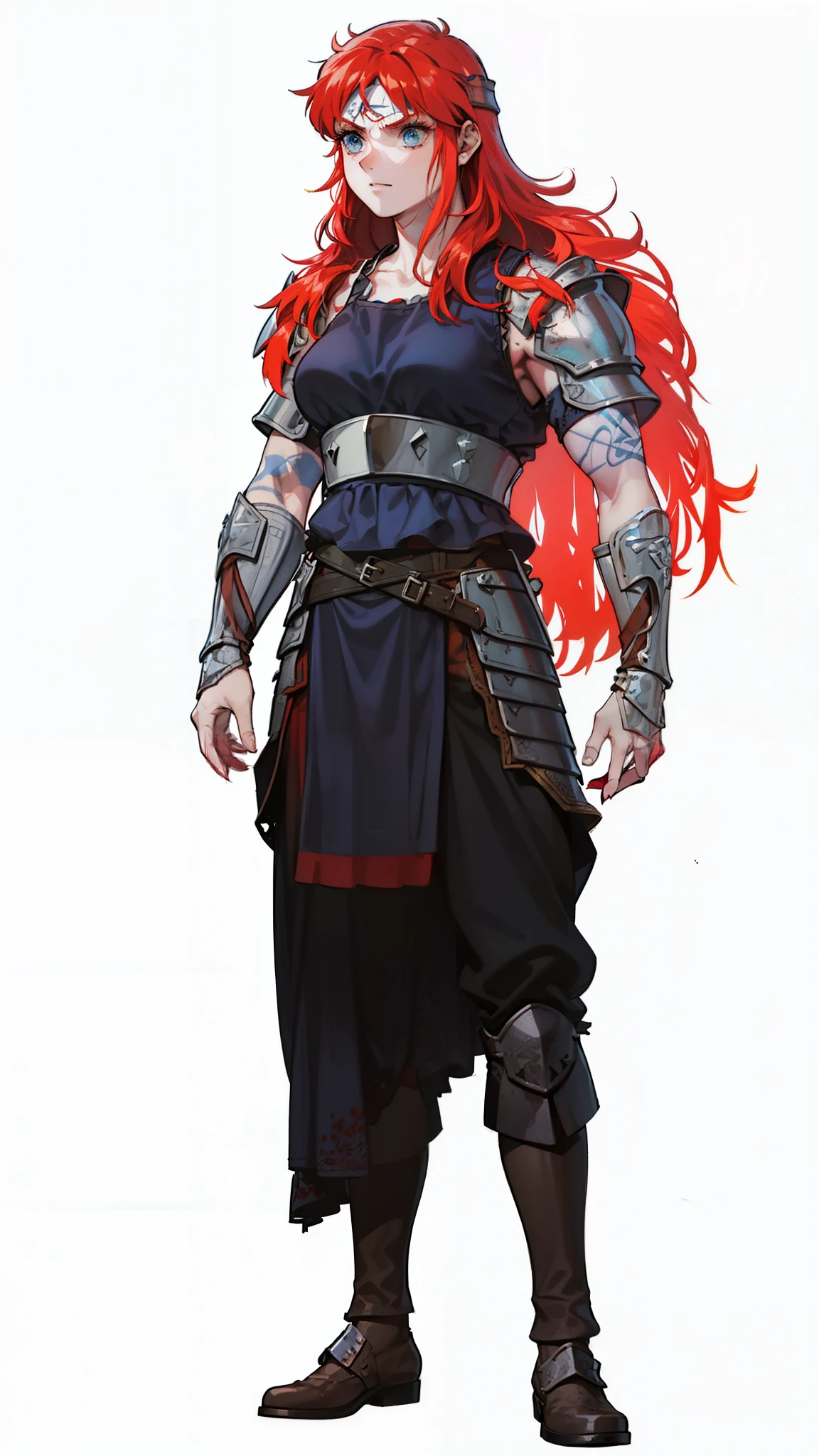 Boadicea, ((red-haired warrior Viking ghost)))with gothic armor and rune tattoos on her face and blooming blue eyes, 4k