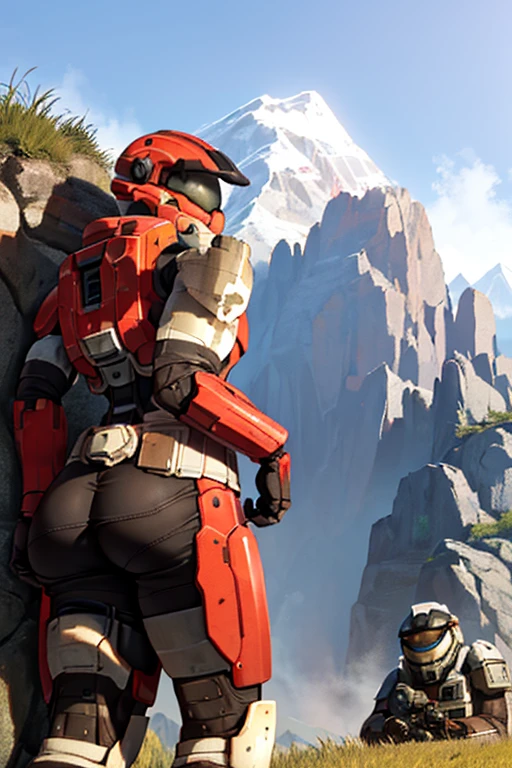 spartan, 1boy, solo, standing, helmet, faceless, armor, gloves, power armor, science fiction, crotch plate, large ass, large chest, outside, grass, mountain, showing ass, hands on waist, looking to left, side view shot. Red and white stripes armour