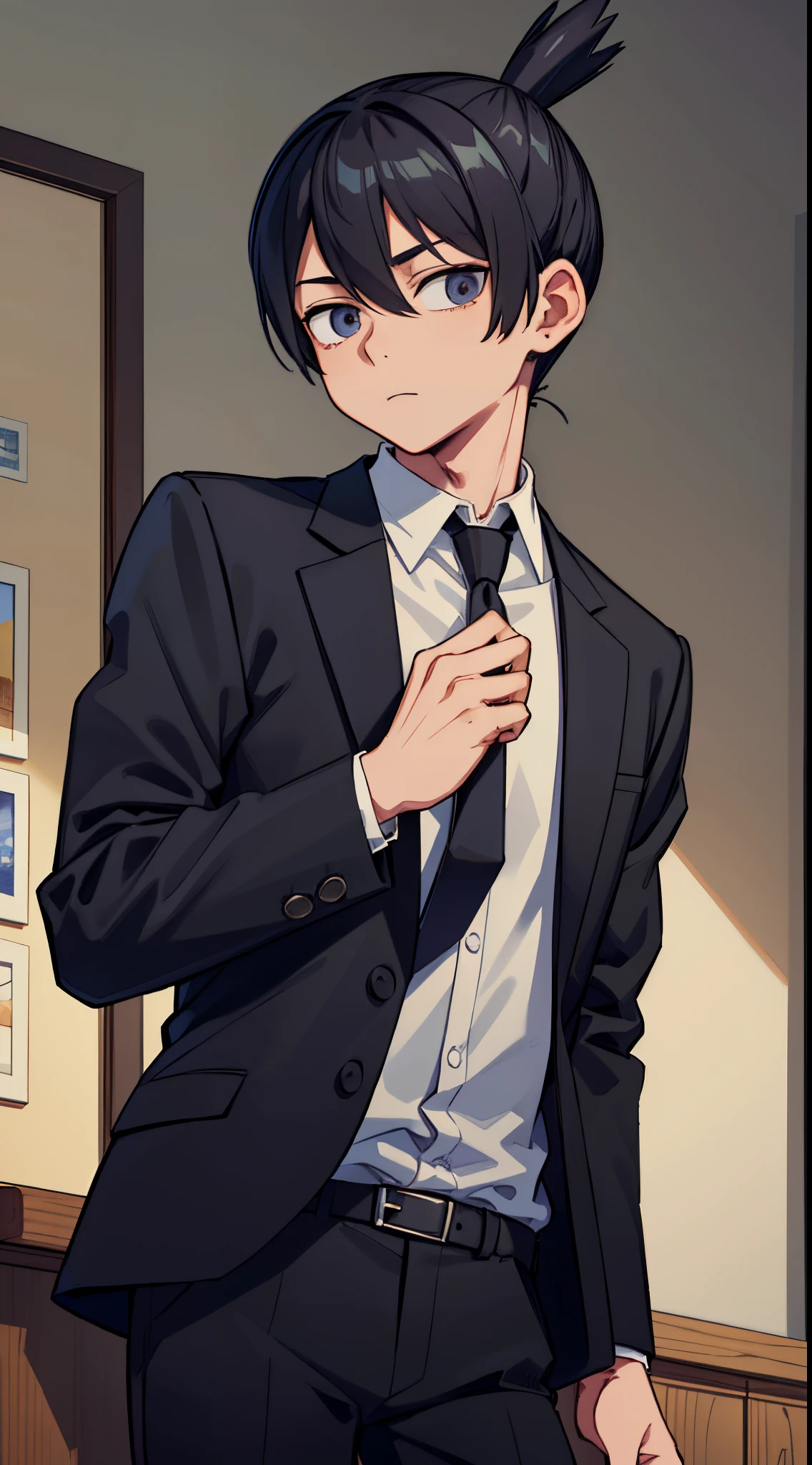 (masterpiece, best quality:1.2), cowboy shot, solo, male focus, looking at viewers, 1boy, hayakawa aki, handsome, topknot, thin and slender, default_cloth, black jacket, collared shirt, black necktie, black pants