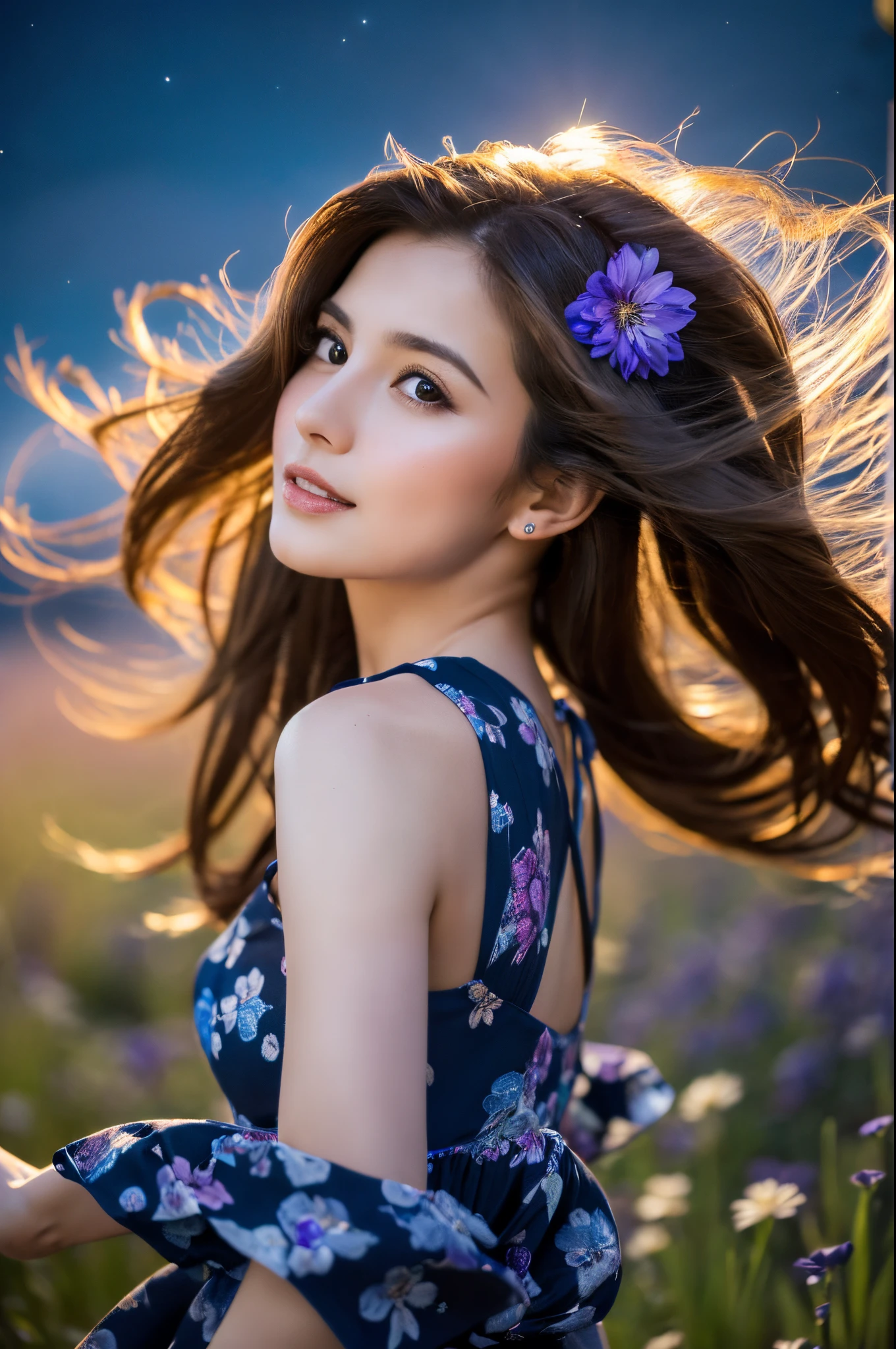 (Low angle shot), full body portrait, award-winning glamorous photography,((best quality)), (((masterpiece)), ((realistic)), beautiful 28-year-old woman, (long brown hair), brown eyes, innocent, a beautiful brunette woman twirling and dancing on a lawn in the moonlight, ((her head tilted back)), dreamy expression, ((eyes open)), wearing a summer dress with a tiny blue and purple flower print, a summer night, dark sky, dark starry sky, dramatic composition, epic scale, sense of awe, ultra-high res.photorealistic:.1.4, (high detailed skin:1.2), 8k uhd, dslr, high quality, film grain, Fujifilm XT