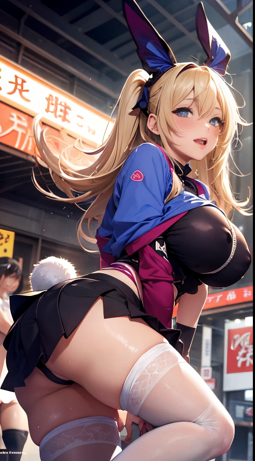 Takeshi Obata, George Barbier, Surreal, mysterious, strange, fantastical, fantasy, Sci-fi, Japanese hentai anime, steam-powered blonde miniskirt beautiful hentai girl Alice, perfect voluminous body, happy smile, playing volleyball, dynamism, Shinjuku street, Rabbit and cat, hyper detailed masterpiece, jumping huge tits coming out, large areola, sweating wet wet wet smooth skin wet glistening embarrassing blushing, skirt hitched up tiny white panty wet wet cameltoe defined wet transparent sexy erotic, hyper provocative body, hentai coquettish realistic depth of field cinematic lighting sexual excited coming heavy breathing erotic erotic penetration hyper realistic bit scare but happy men pushing her down forcing legs spread open close up details vibrant colours cameltoe wet wet wet back