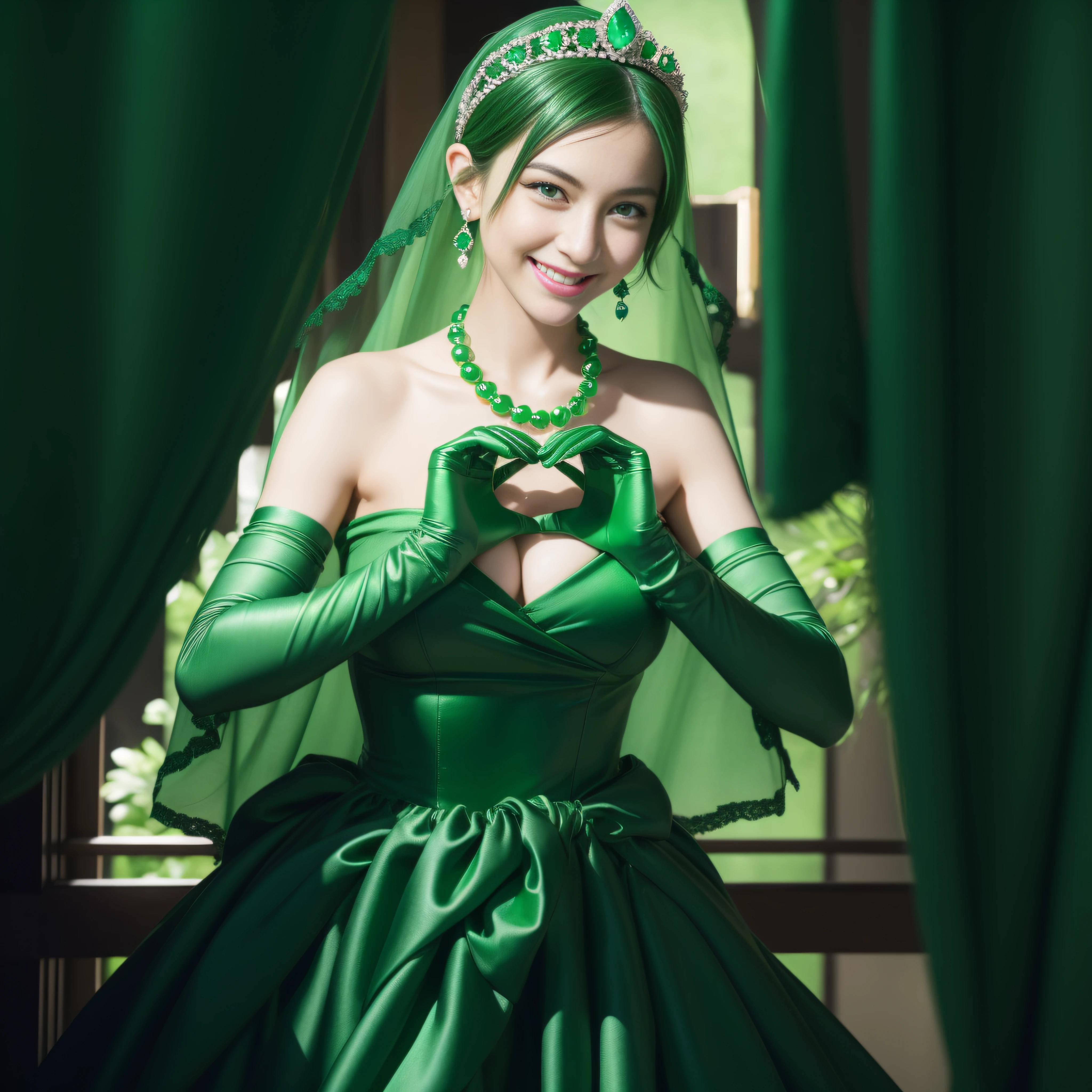 emerald tiara, Green Pearl Necklace, Boyish very short black hair, lipsticks, Japan woman smiling, very short short hair, big breasts beautiful, Green eyes, Long green gloves made of satin material, Green eyes, Emerald Earrings, green vale, Heart with both hands