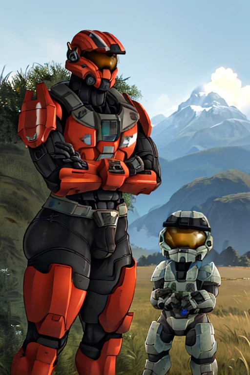 spartan, 1boy, solo, standing, helmet, faceless, armor, gloves, power armor, science fiction, crotch plate, large ass, large chest, muscular, outside, grass, mountain, showing ass, hands on waist. Red and white stripes armour