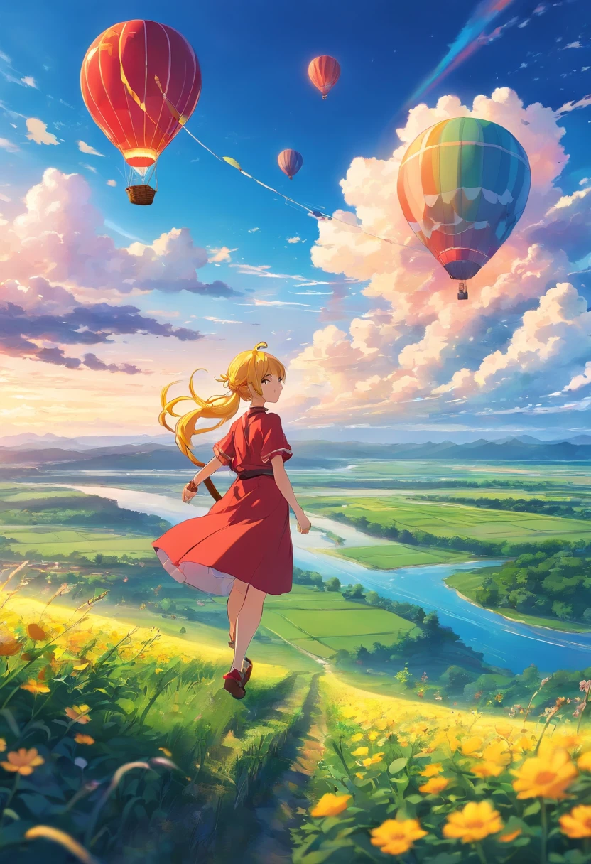 air balloon,girl with a red dress and yellow hair,floating in the sky,with a basket and ropes,flying over a green field with colorful flowers and a river flowing through,blue sky with fluffy white clouds,vibrant colors and vivid details,realistic and high-resolution artwork,soft lighting creating a warm atmosphere