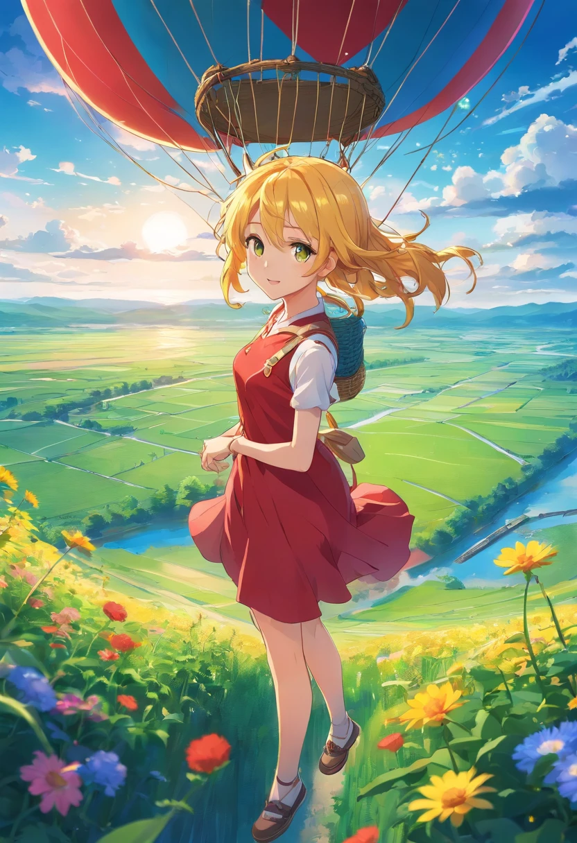 air balloon,girl with a red dress and yellow hair,floating in the sky,with a basket and ropes,flying over a green field with colorful flowers and a river flowing through,blue sky with fluffy white clouds,vibrant colors and vivid details,realistic and high-resolution artwork,soft lighting creating a warm atmosphere