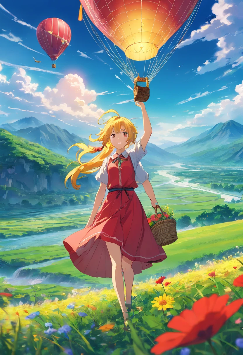air balloon,girl with a red dress and yellow hair,floating in the sky,with a basket and ropes,flying over a green field with colorful flowers and a river flowing through,blue sky with fluffy white clouds,vibrant colors and vivid details,realistic and high-resolution artwork,soft lighting creating a warm atmosphere