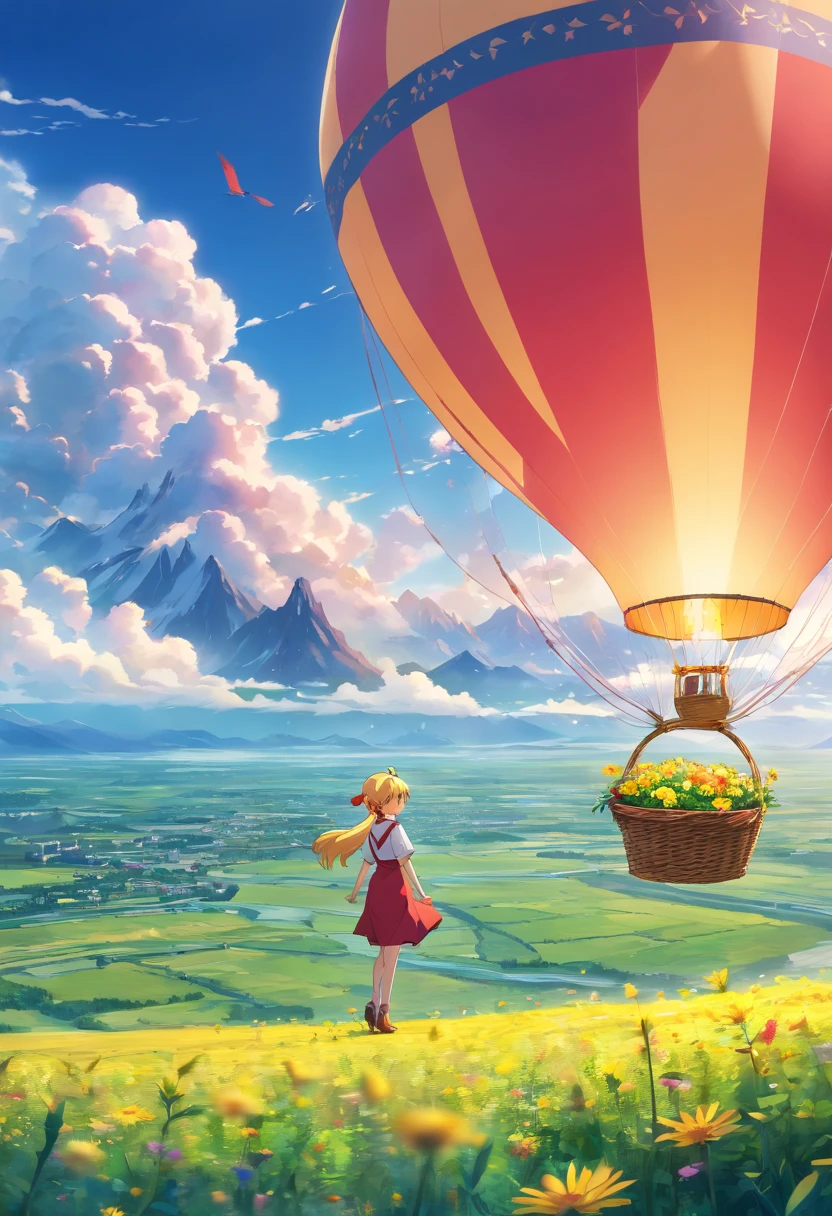 air balloon,girl with a red dress and yellow hair,floating in the sky,with a basket and ropes,flying over a green field with colorful flowers and a river flowing through,blue sky with fluffy white clouds,vibrant colors and vivid details,realistic and high-resolution artwork,soft lighting creating a warm atmosphere