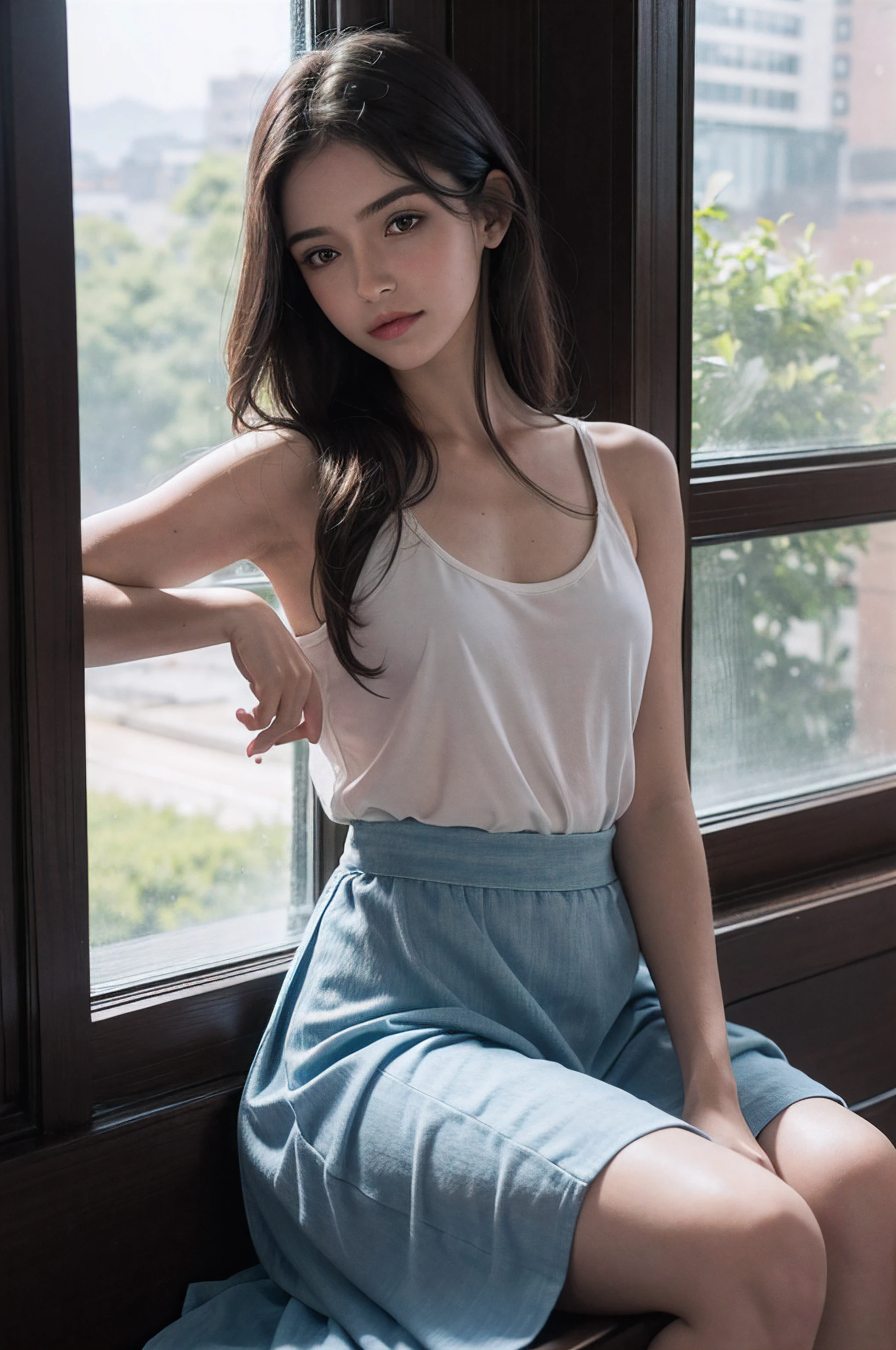 Foto de cuerpo entero de (Woman sitting on a windowsill wearing a flowy long skirt and tank top. small smile), (Cara realista detallada), (((hiperdetalhado))), ampliado, face symmetrical, alumno detallado, ojos expresivos, Casey Baugh, Michael Garmash, Sophie Anderson, Hasui Kawase, Maquillaje, real photograph, Aspecto moderno, real photograph (realista:1.5) Loira, ojos azules