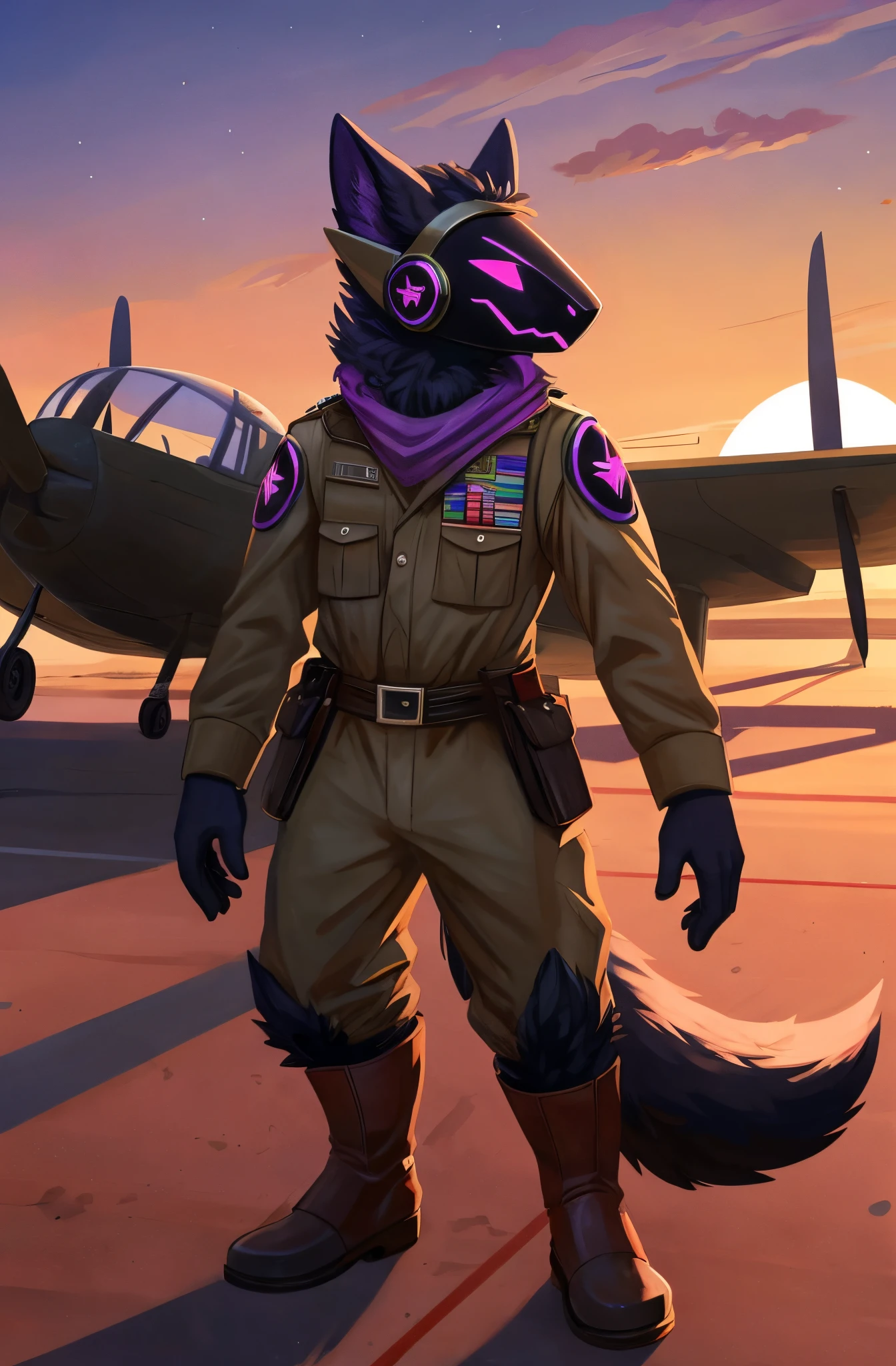 Protogen, furry art, masterpiece, great anatomy, black fur, neon purple details, detailed background, world war 2, sunset, fluffy tail, male, wearing an aviator outfit (except helmet), solo, holding an aviator helmet with right arm, runway, old world war 2 planes on the background