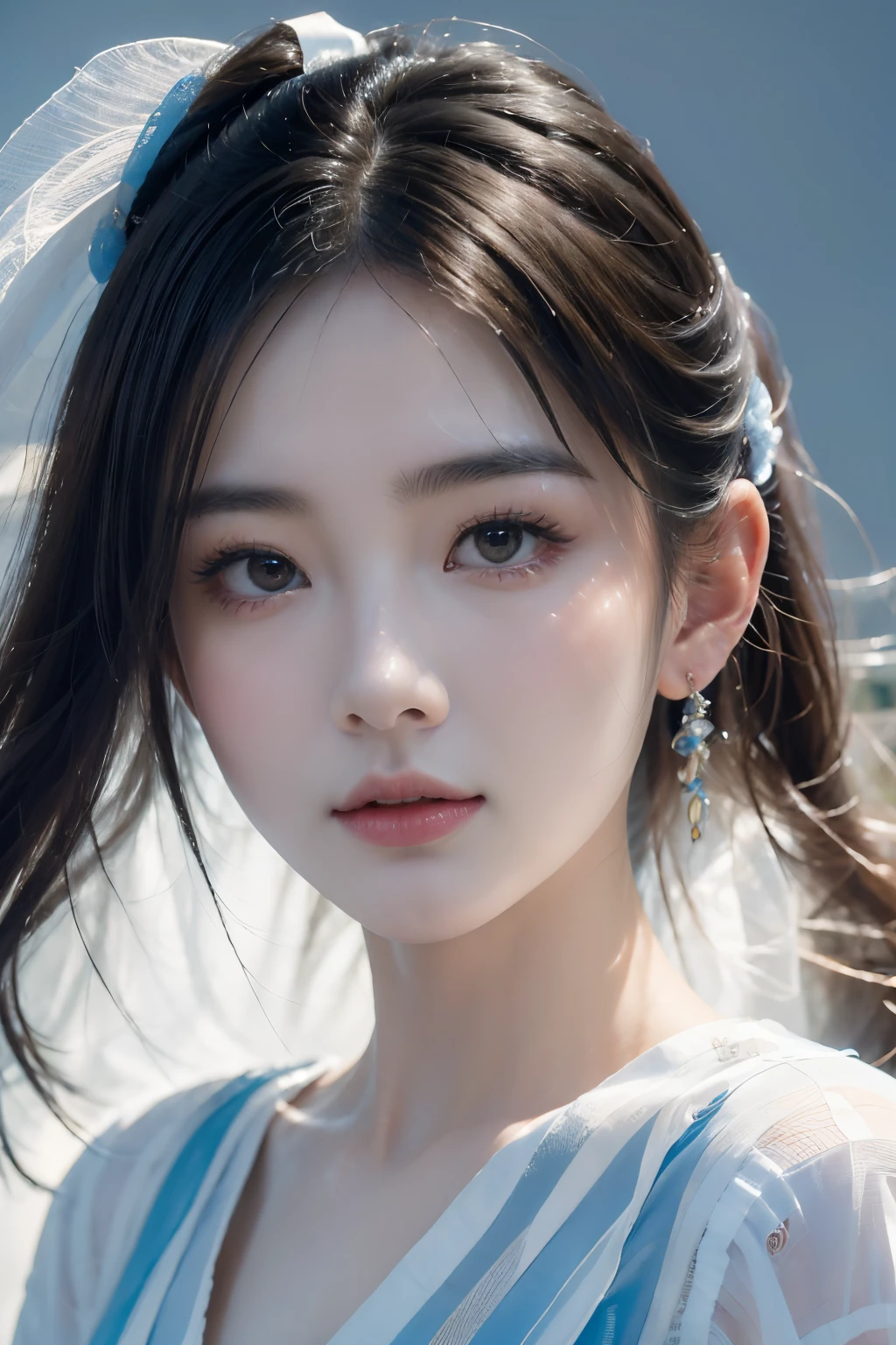masterpiece, black_hair, 1 girl, looking at the audience, long_hair, nail_polish, solo, ancient art, Chinese,(8k, best quality, masterpiece:1.2), (realistic, realistic:1.2), (background sky: 1.2), (face close-up: 1.7), looking at the audience, hanfu, 1girl, (purple flower pine ink: 1.1), face close-up, detailed face, hanfu, song, long shan, pleated skirt,cinematic lighting, motion blur, ray tracing, god rays, bloom, drop shadow, close-up, lens flare, UHD, masterpiece, ccurate, anatomically correct, textured skin, super detail, high details, high quality, award winning, best quality, highres, 16k, HD, face close-up, close-up, close-up, accurate, correct hand, (anatomically correct: 1.5),