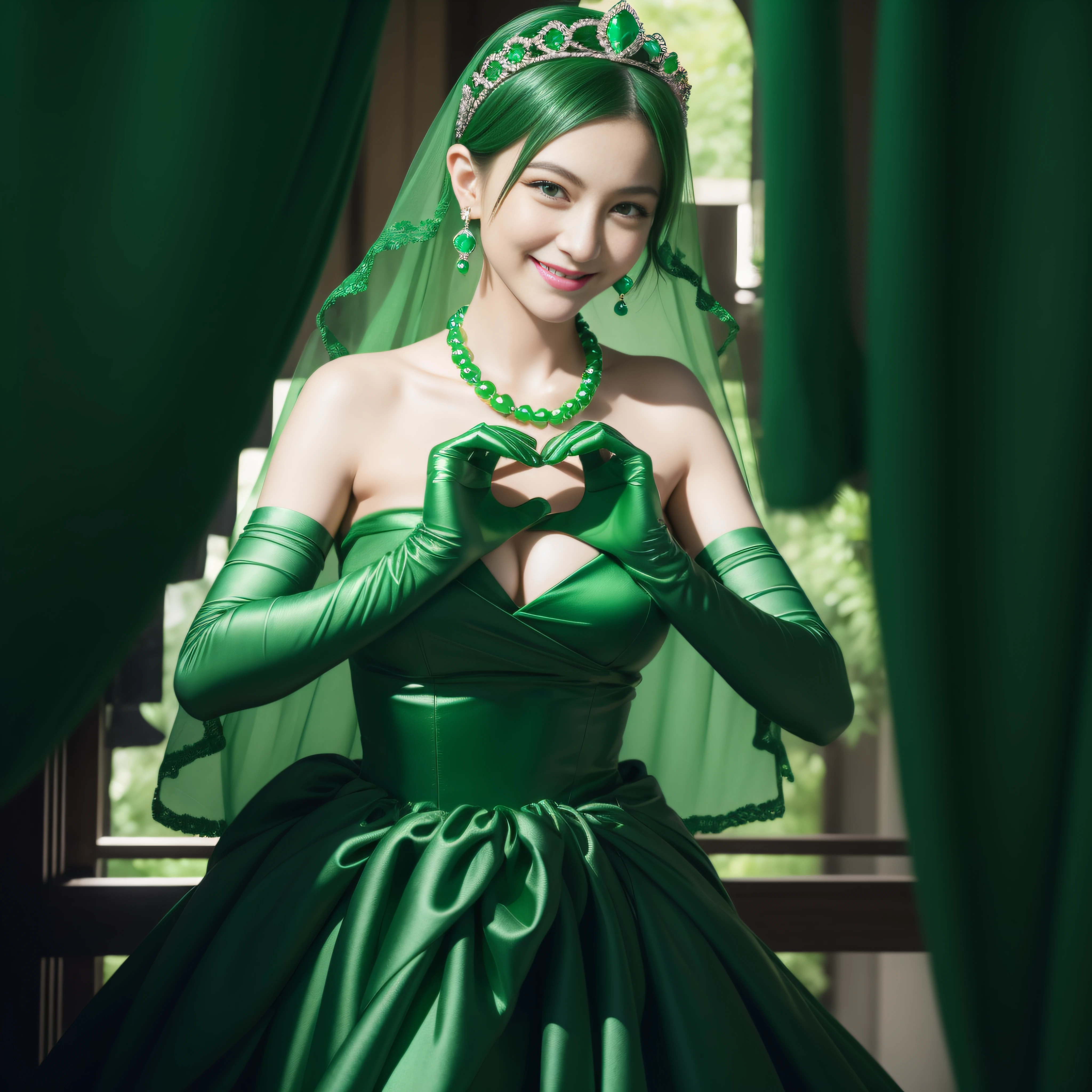 emerald tiara, Green Pearl Necklace, Boyish very short black hair, lipsticks, Japan woman smiling, very short short hair, big breasts beautiful, Green eyes, Long green gloves made of satin material, Green eyes, Emerald Earrings, green vale, Heart with both hands