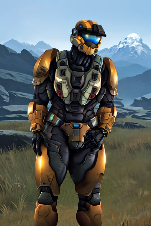 spartan, 1boy, solo, standing, helmet, faceless, armor, gloves, power armor, science fiction, crotch plate, large ass, large chest, muscular, outside, grass, mountain, showing ass, Red and white accent armour