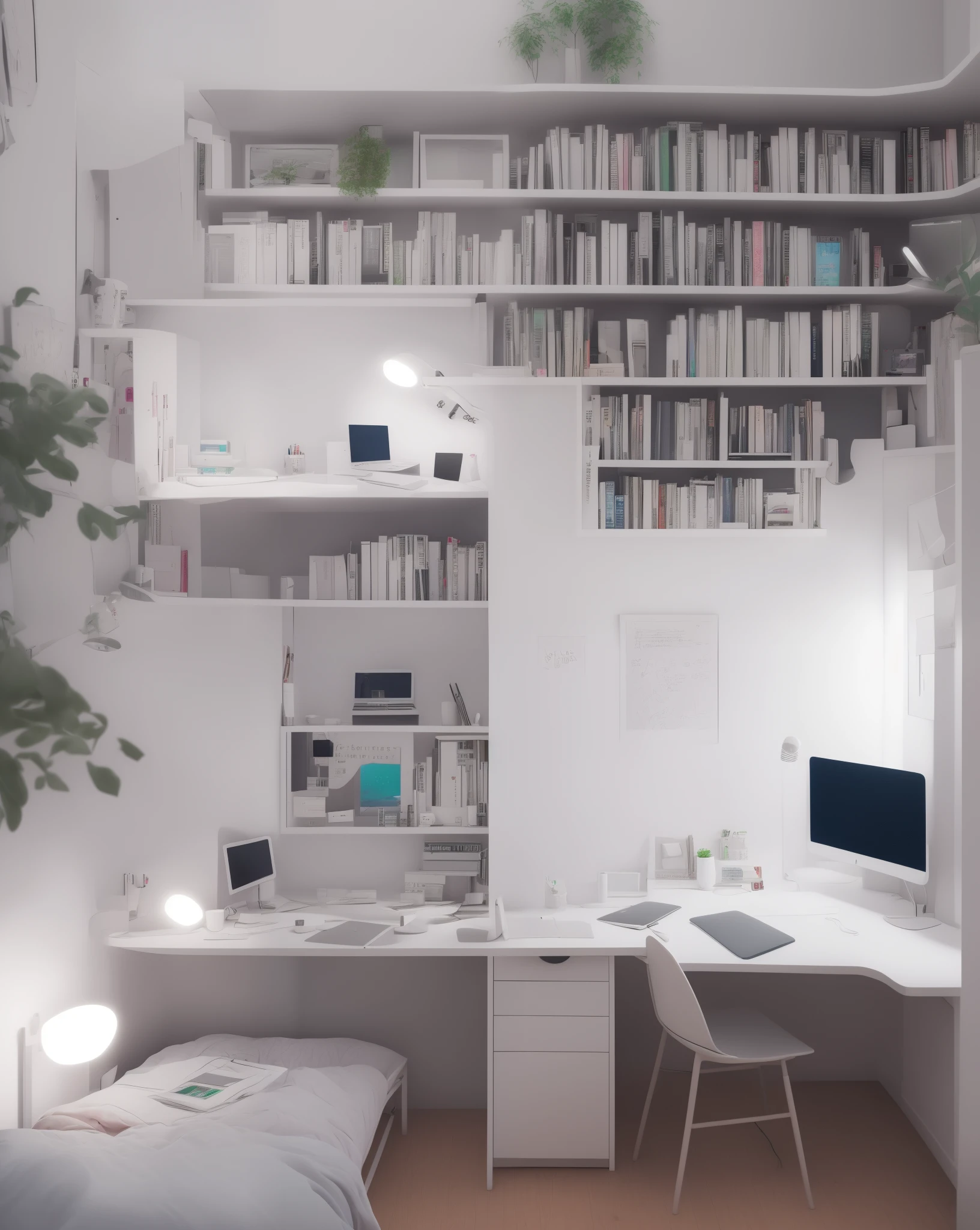 Cosy study,Beds,janelas,Computer screen,Colorful lights,the night,warm desk lamp,Reassuring sleeping environment