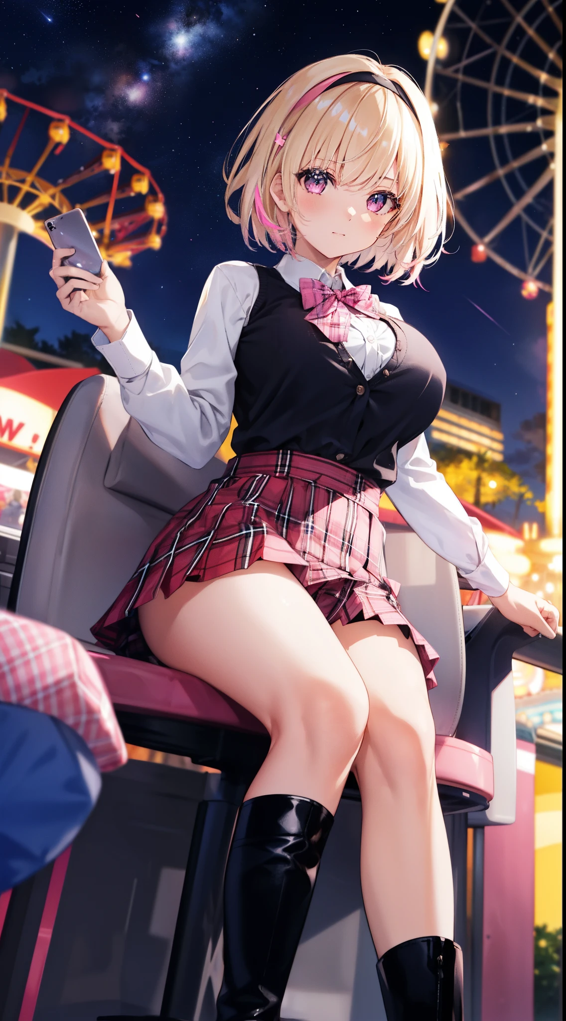 1girl, solo, blonde hair, (streaky hair), scene hair, pink streaks, short hair, huge breasts, headband, sitting, ferris wheel in background, amusement park, night, starry sky, nebula, holding plushie, ray tracing, chromic aberration, pink plaid bowtie, pink plaid skirt, black button up, sleeves pushed up, pink plaid sleeve cuffs, knee high boots, from below,