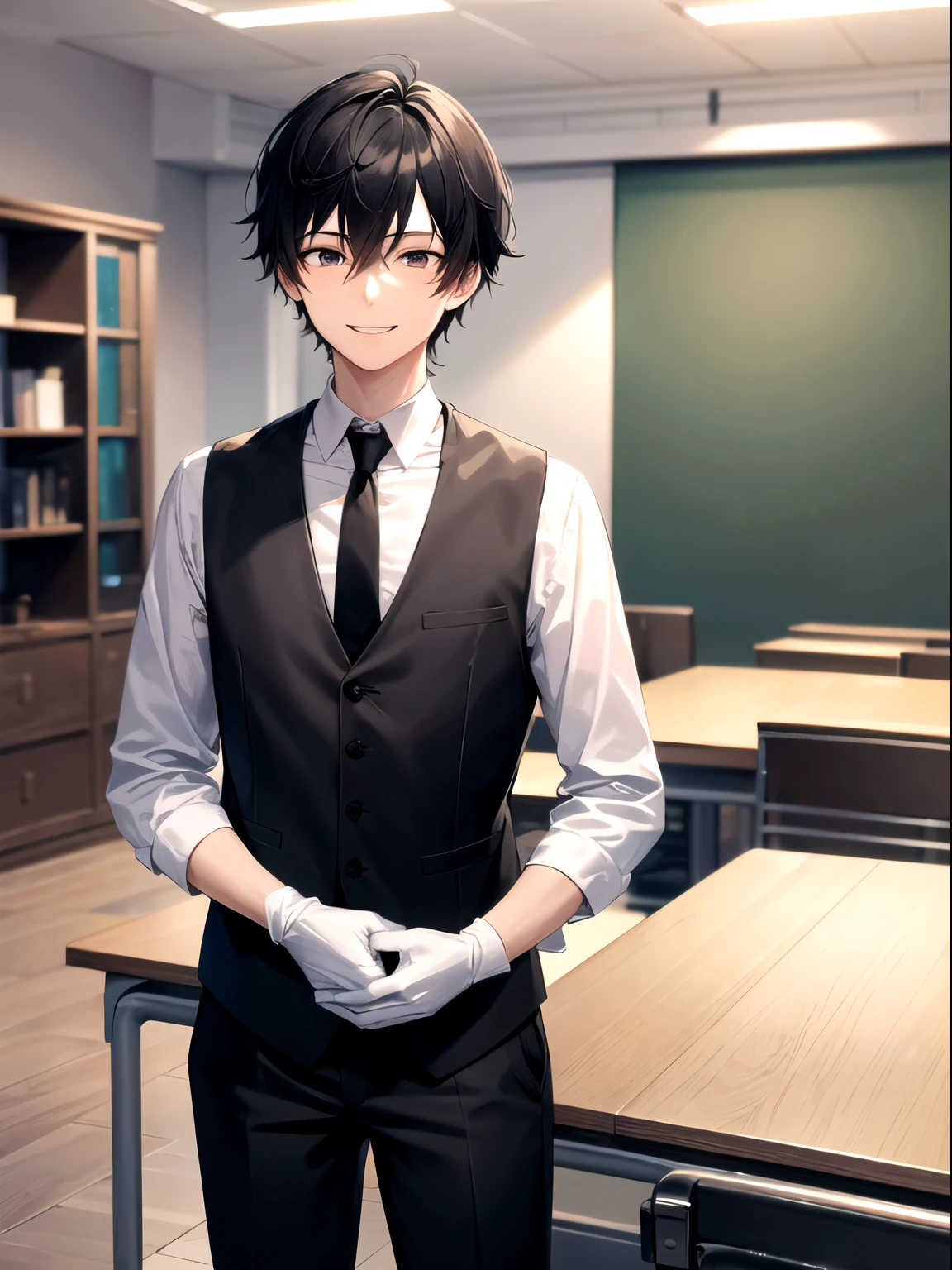 standing, a boy, 20 years old, black hair, very short hair, smile,necktie,long sleeves shirt, black vest,long pants,white gloves,indoors,office Room , absurdres, extremely detailed, masterpiece, high quality, wallpaper 8k CG