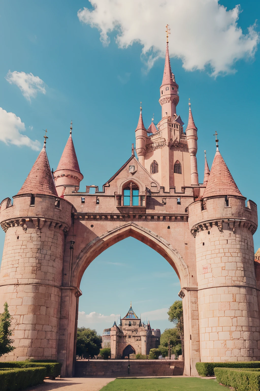 Castle in cartoon style，King Glory style，Pink, Blue and green，arch structure