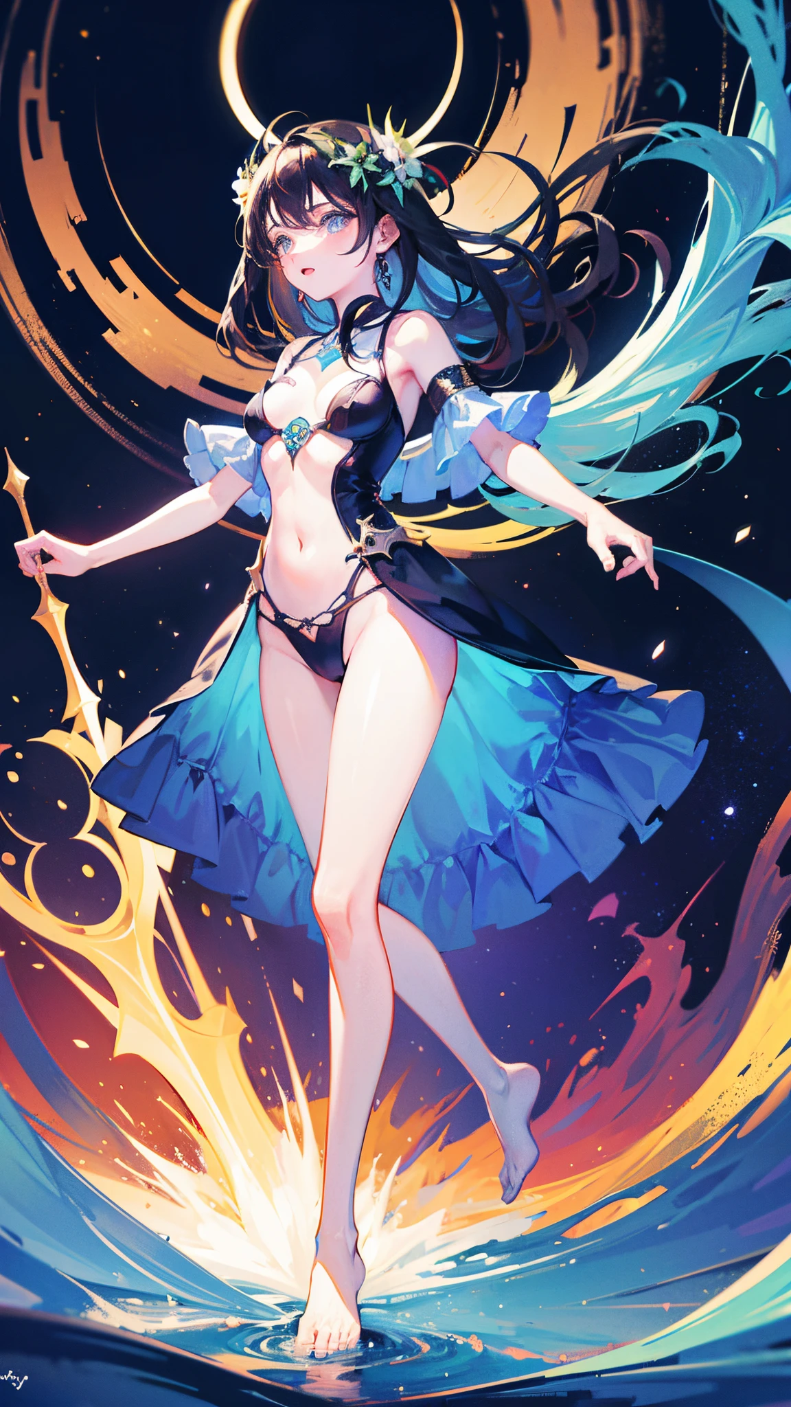 ((absurdres, masterpiece)) dancer, oasis, illustration, dream, surreal background, floating, long flowy hair