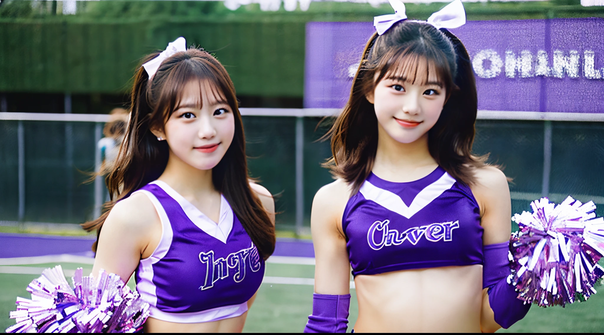 Cute 18-year-old cheerleader in a purple miniskirt