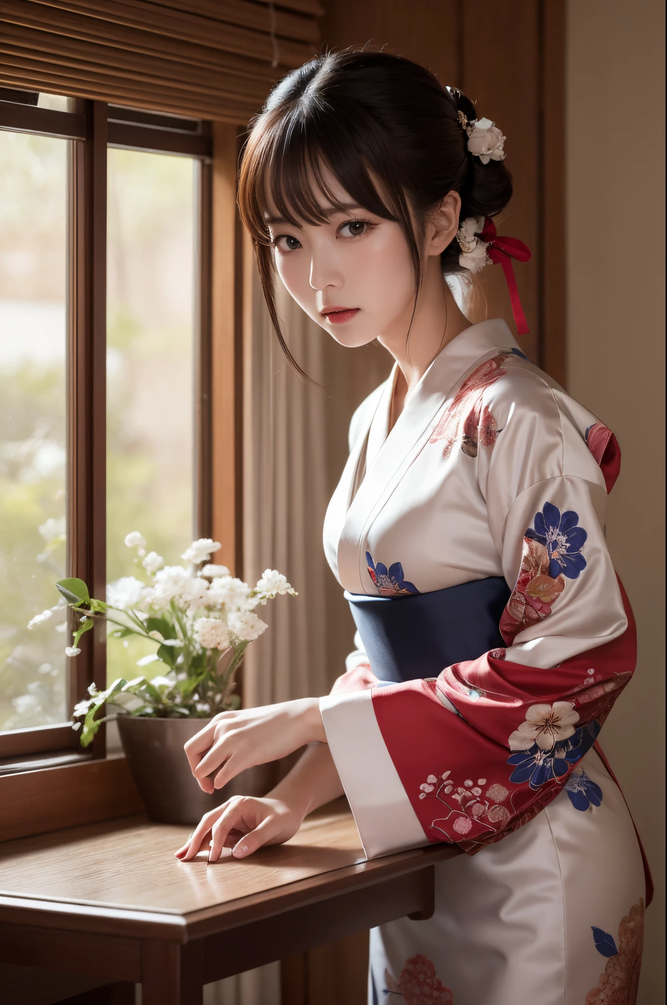 On the table, Best quality at best, illustratio, ultra - detailed, finely detailled, A high resolution, 8k wallpaper, Perfect dynamic composition, 美丽细致的眼睛, (komono:1.2), furisode:1.1、Yuzen、