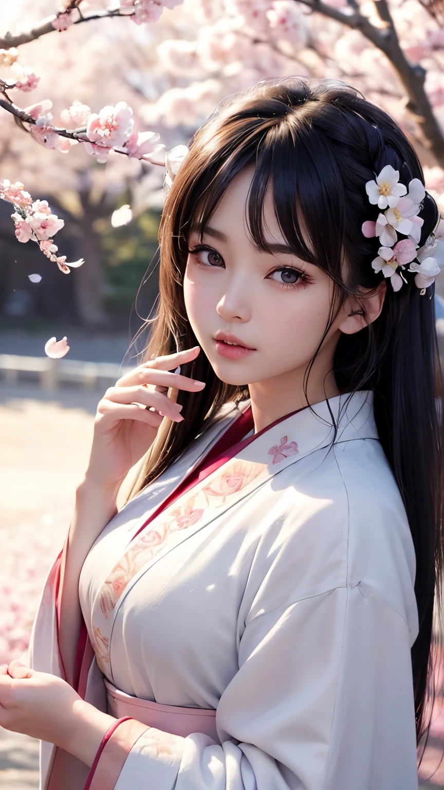 (A logo、​masterpiece、8K、masutepiece、Raw photo、Fantastic、Best Quality、Photorealistic、extremely detailed CG unified 8k wallpaper、hightquality、ighly detailed、epic poem、Particle effect、Dynamic effects、depth of fields、Cinematic Light、Lens Flare、Ray tracing)、Fantasia、 (Beauty 1 person、White Japanese Clothing、Japanese dress、White cherry blossom pattern、White cherry blossom embroidery pattern、A dark-haired、Beautiful face、Real Face、Beautiful detail eyes、Beautiful skin)、Hair flutters in the wind、Hair jumps、Pink cherry blossom tree、Petals flutter、Sakura blizzard、Superb view、morning glow、Sun in the background、the wind、Deities、tusk、myth、Vast Land、