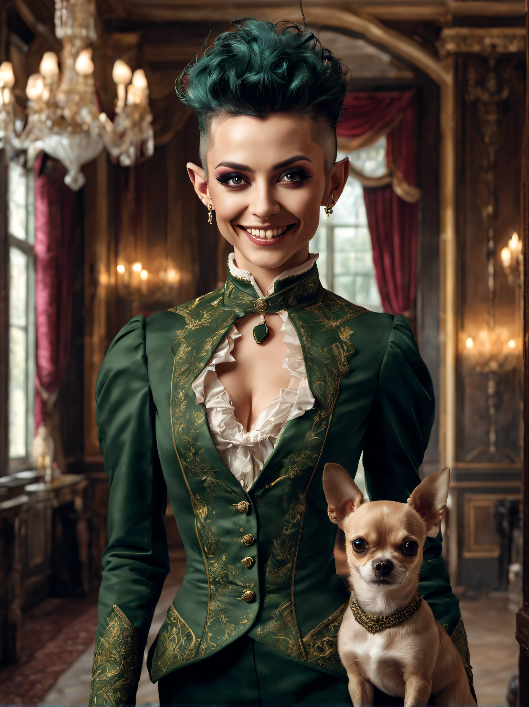 Fantasy style art of an elf woman with a short mohawk dressed in a dark tight fitted female victorian suit with makeup and a high class expression as she caries a small dog, standing inside a manor ballroom, intricate details, UHD, 16k, detailed eyes, mascara, haughty smile