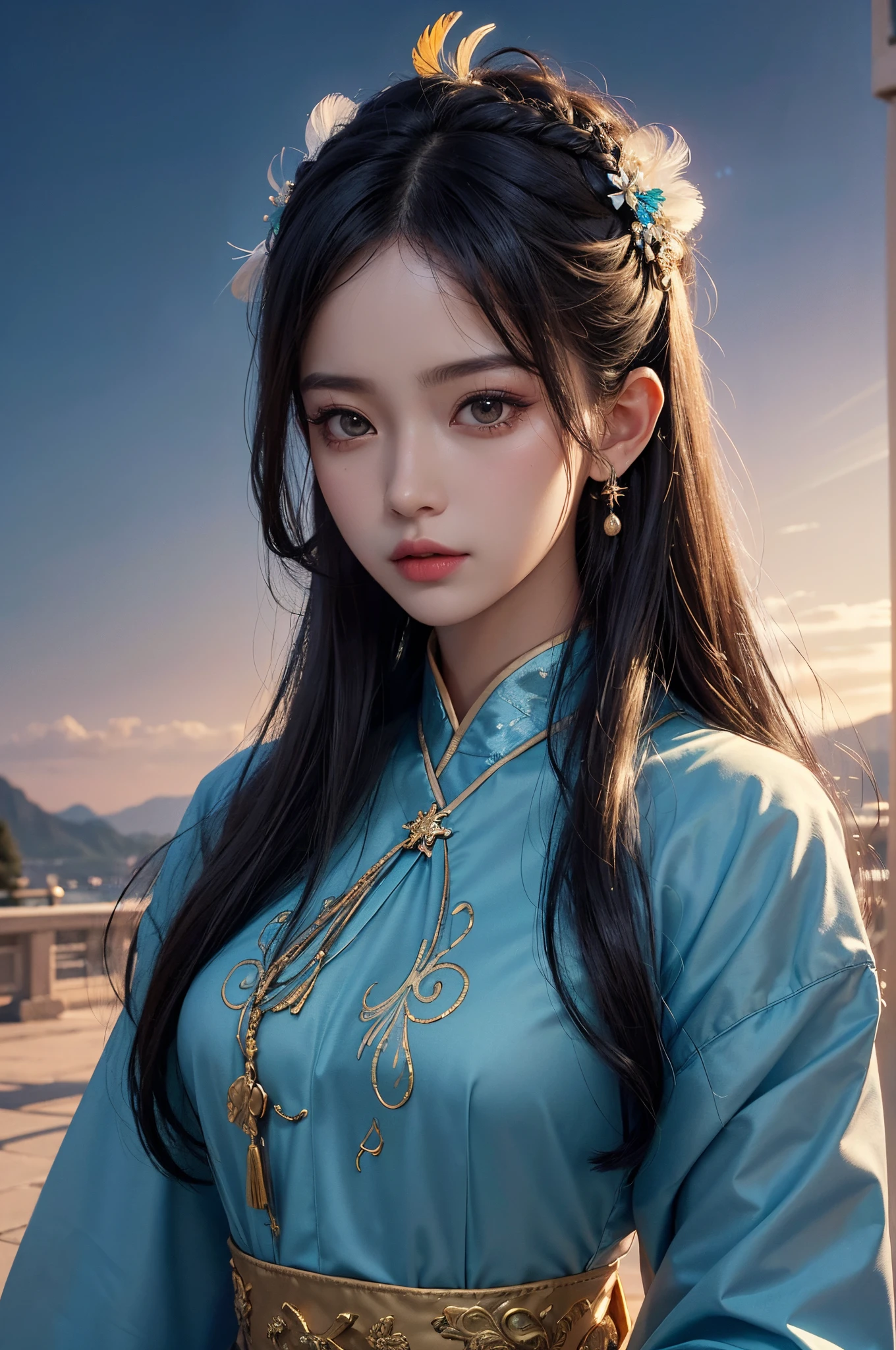 (tmasterpiece, top-quality, Best quality, extremly high detail, extremly high detail, offcial art, Beauty and aesthetics: 1.2), asiagirl, upper body shot, Nice face, Alone, perfect body figure, Fly in the sky, portrait of one girl, Silver gradient hair, black hair color hair, faeries, Ambilight, (sexy for), suns rays, cloud, Hanfu, Chinese clothes, Eau, glowworm , natta, starrysky, jewely, There are feathers on the clothes, Peacock feathers, Light particles,