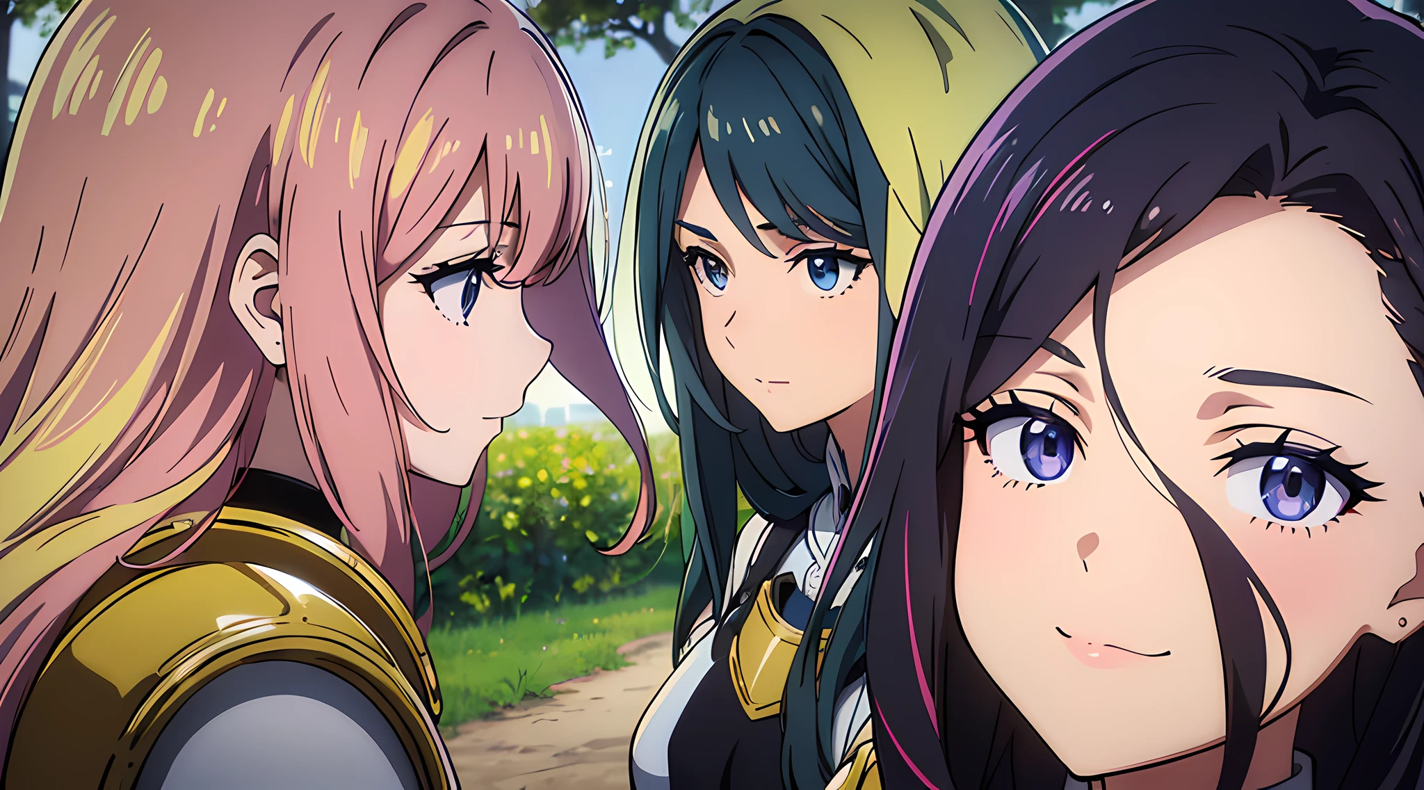 (3 moe girls), (beautiful eyes finely detailed, face to detail, multi color hair, long hair), knight armored, half body illustration, happy facial expression, walking together as a friend, the background is in the middle age park, many magical particles surrounding them, masterpiece, top-quality, detailed, high resolution illustration