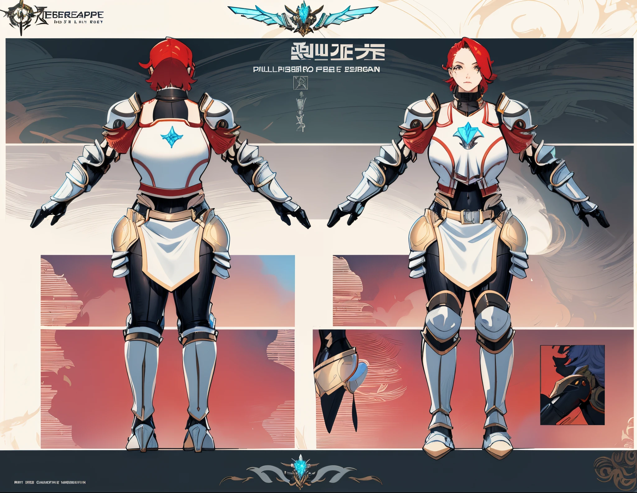 (masterpiece:1.1),(highest quality:1.1),(HDR:1),extreme quality, a close up of a person in armor with red hair, full body character concept, full body concept, detailed full body concept art, concept armor, detailed full body concept, full body concept art, valkyrie style character, game character design, concept character, full body character concept art, 3 d character reference sheet, female mecha, video game character concept, detailed character design, character sheet, character model sheet turnaround , front and back, front and back, Paladin wearing Silver Chain Armor with Moonlit Edges, black pants inside, red loincloth