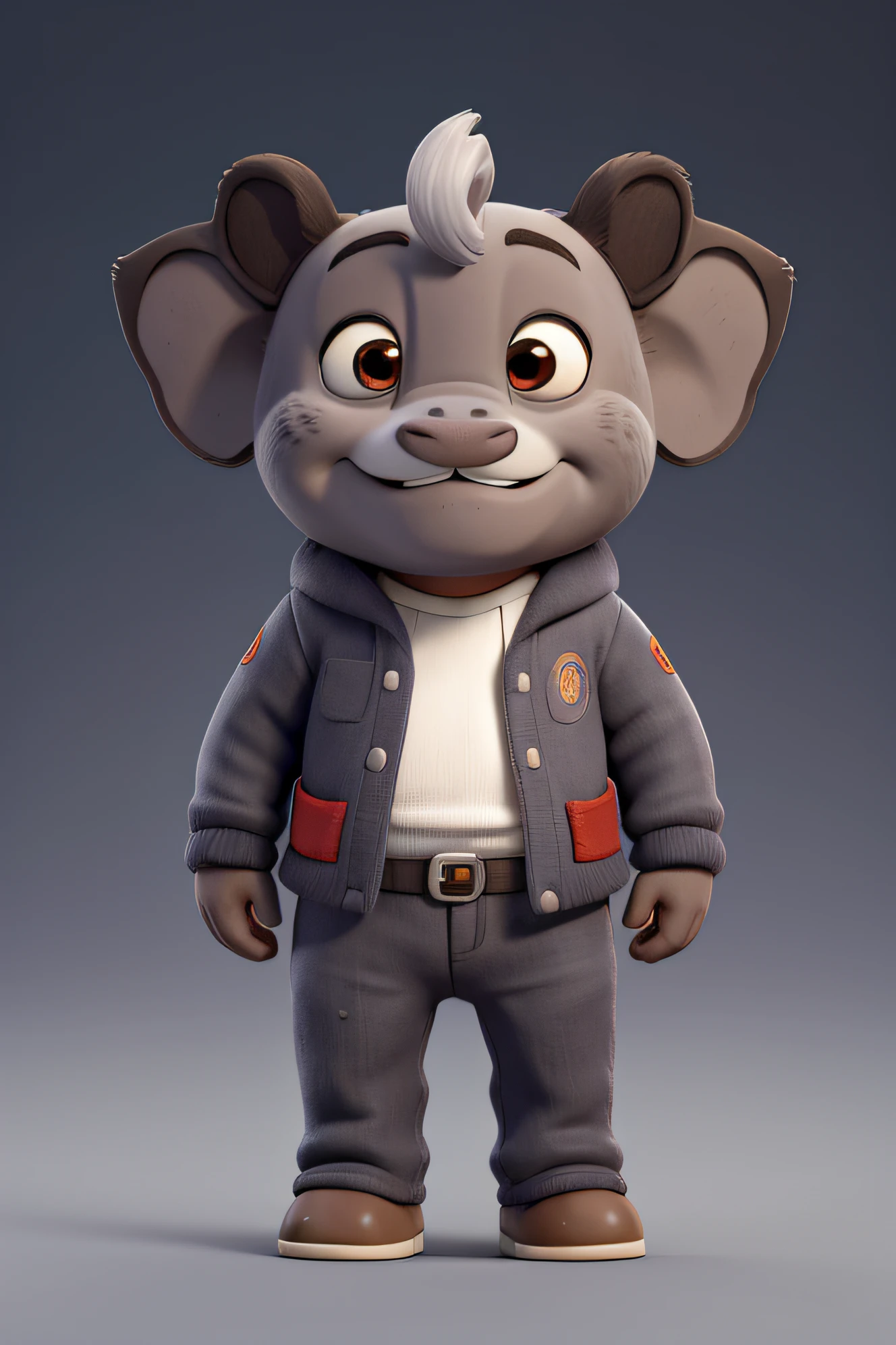 un personaje 2d en forma de elefante, gris, con ojos grandes, sonrisa, parecido a un peluche, en un carro rojo animado, saludando