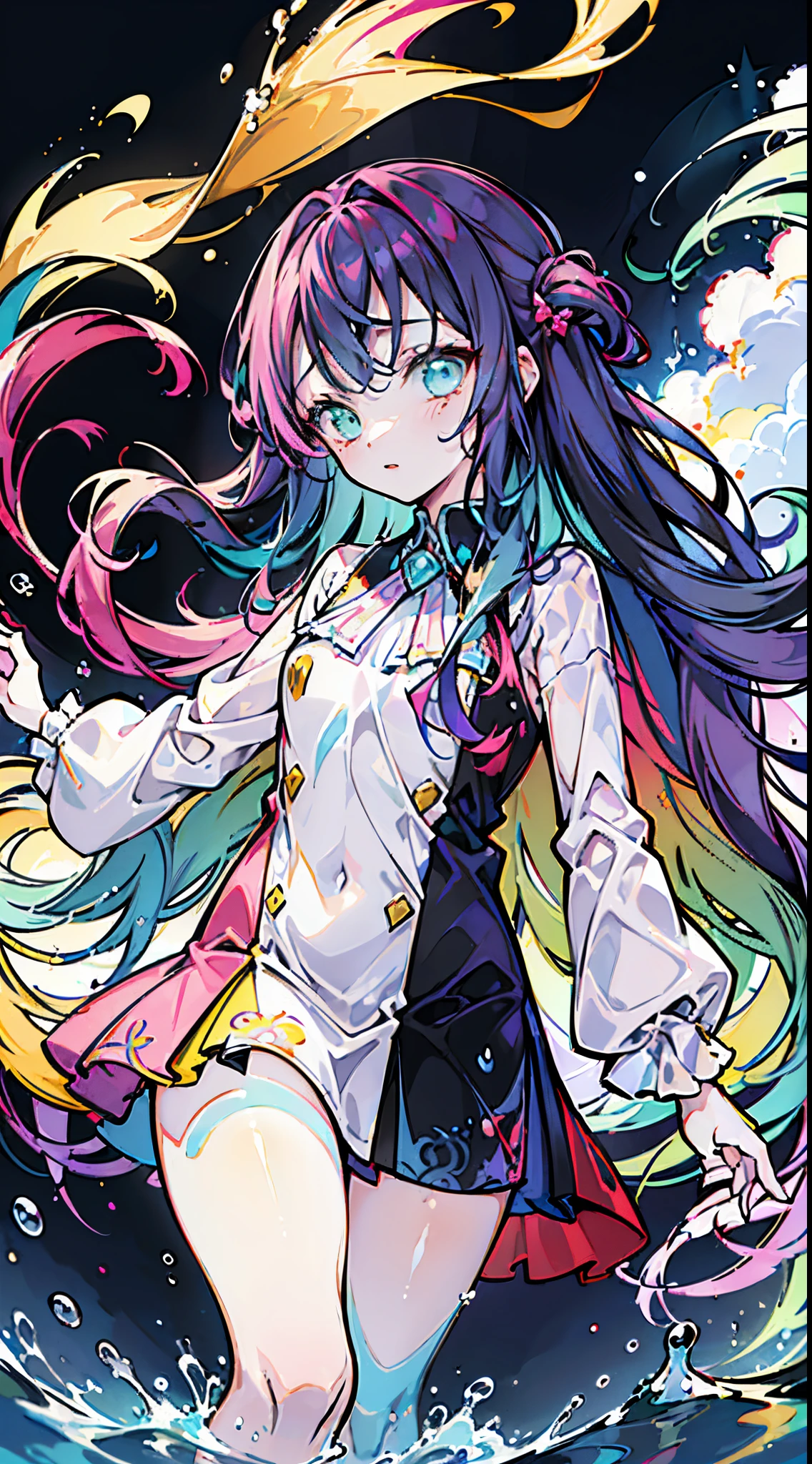 (flat color:1.1), (colorful:1.3), (masterpiece:1.2), best quality, masterpiece, original, extremely detailed wallpaper, looking at viewer, 1girl, solo, floating colorful water.wetclothes, closeup, wetdody, ((Mitsur:1.3)i