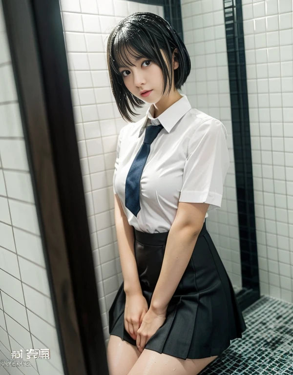 mini skirt、whole body、Image looking up from below、taking a shower、one beautiful maid、short black hair