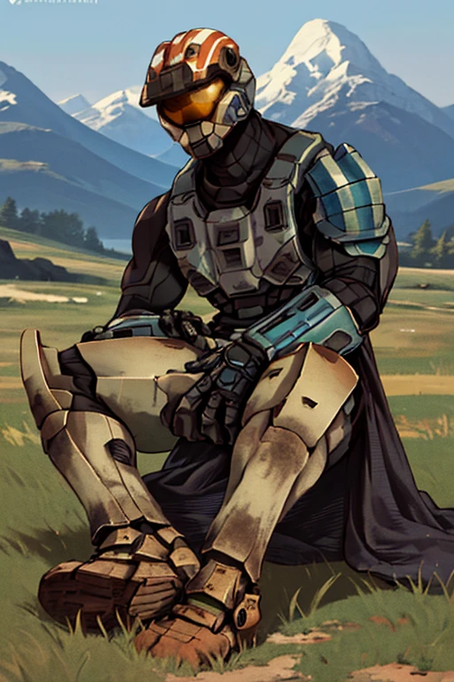 spartan, 1boy, solo, sitting, helmet, faceless, armor, gloves, power armor, science fiction, crotch plate, large ass, large chest, muscular, outside, grass, mountain, Red and white accent armour, feet, bare feet, bare soles, showing soles, 5 toes, looking at viewer