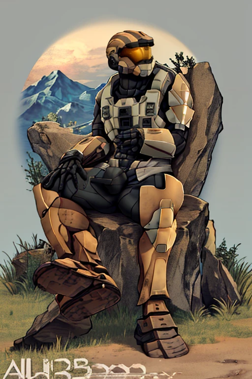 spartan, 1boy, solo, sitting, helmet, faceless, armor, gloves, power armor, science fiction, crotch plate, large ass, large chest, muscular, outside, grass, mountain, Red and white accent armour, feet, bare feet, bare soles, showing soles, 5 toes, looking at viewer