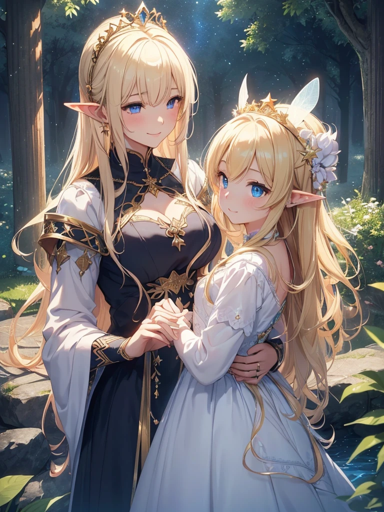 top-quality、Top image quality、masterpiece、The season is autumn、girl with((20yr old、Best Bust、big bast、Bust 90,Beautiful blue eyes、,Blonde long hair、A slender、Fairy feathers、In beautiful dresses of various colors、good mother and 、older sister、junior、a closeup、is standing、Gold ring on wrist、beautiful tiara、hiquality、Beautiful Art、Background with((starrysky)))masutepiece、visualart、depth of fields、sky at night、、 、low angles、A sexy、Elven ears、Feathers glow in iridescent colors、light magic、in beautiful woods、Big trees、mid night、Flute melodies🎵、Fun Concerts、Happy smile、Gentle light、fairy palace