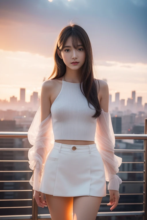 (bare breasts:0.2)best quality, ultra high res, (photorealistic:1.4), (green long hair:1.3), (azur lane\), 1girl, (Kpop idol), nsfw, slender body, looking at viewer, cute, detailed face, contrapposto, smooth skin, perfect anatomy, white camisole, pure black pleated skirt, cityscape, night, rain, wet, professional lighting, shopping mall rooftop cafe, outdoor, no teeth