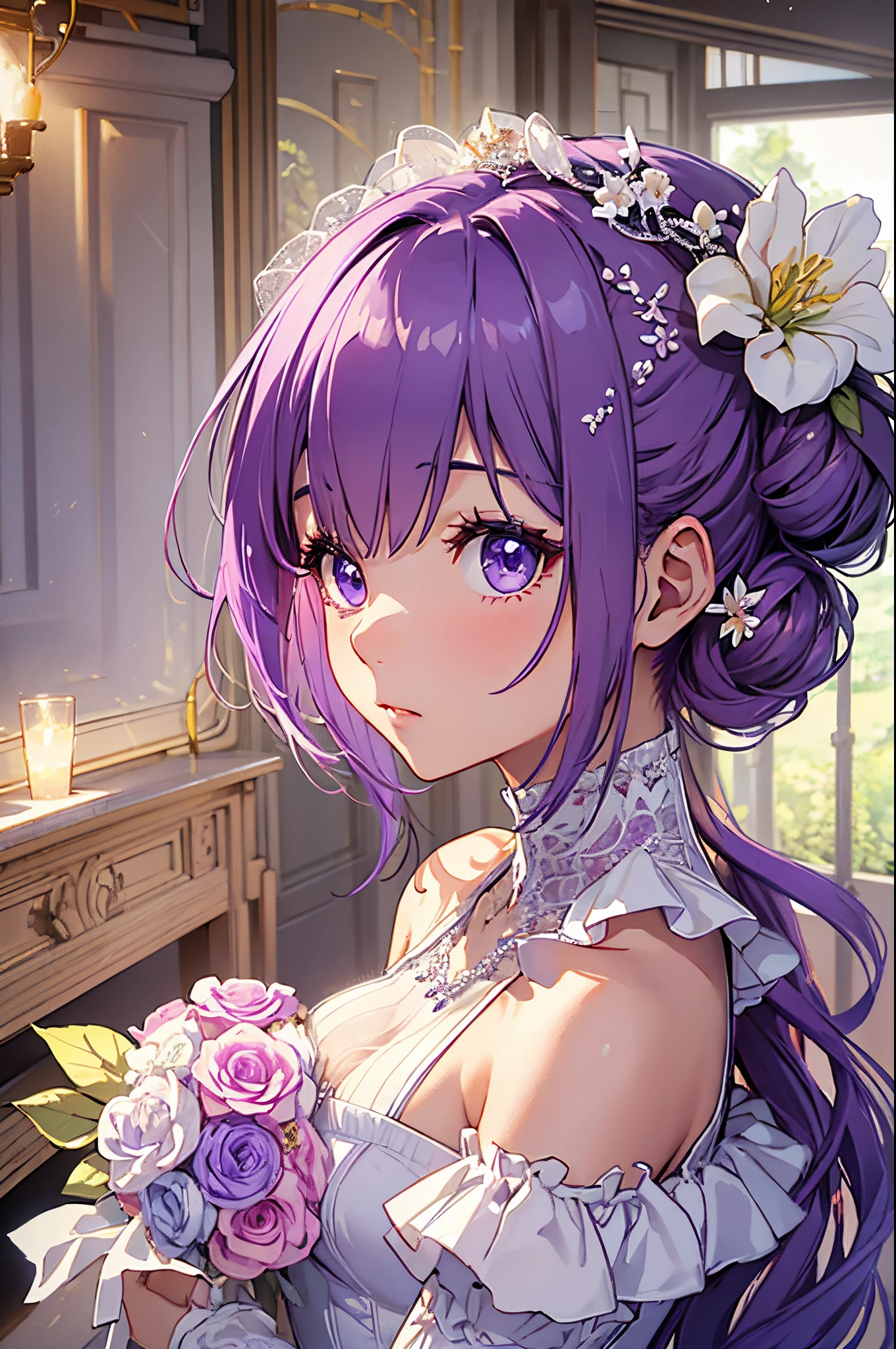 ​masterpiece、high detail girls（（独奏、a beauty girl、doress、Hair ornaments with attention to detail、Hair is tied up））、purple color  hair、Bun、Short Bob、Background with((fantastic wedding))、Glowing flower garden、diamond flower