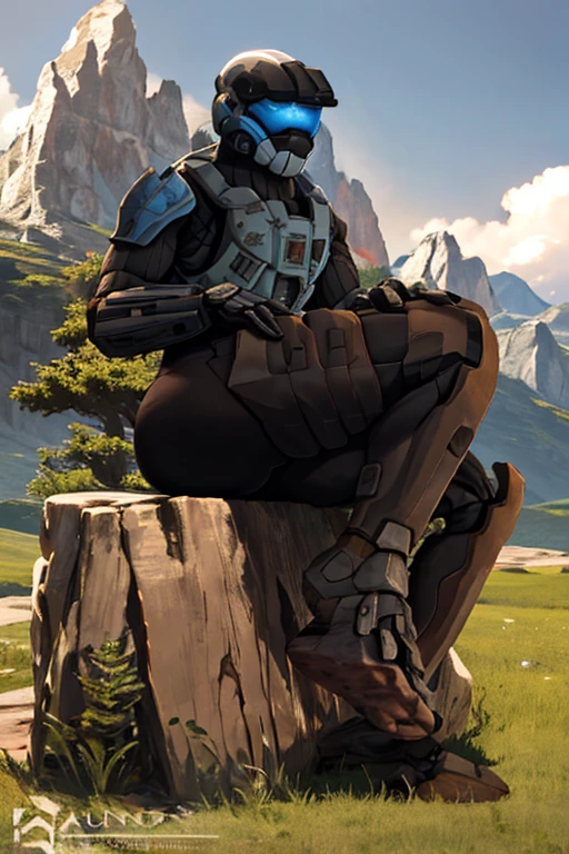spartan, 1boy, solo, sitting, helmet, faceless, armor, gloves, power armor, science fiction, crotch plate, large ass, large chest, muscular, outside, grass, mountain, Red and white accent armour, feet, bare feet, bare soles, showing soles, 5 toes, looking at viewer, no boots, no shoes, no socks, partial nude
