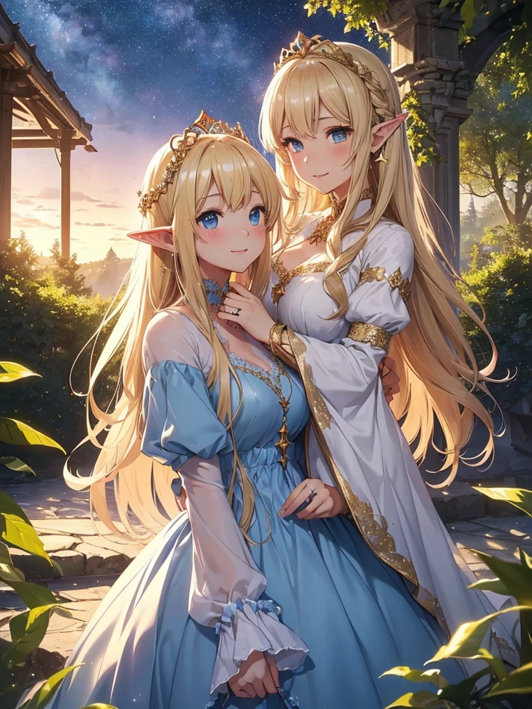 A moon elf (greatly resembling Paris Hilton age 25, waist length hair, pale skin, crystal blue eyes, spider silk sheer evening gown) is flirting and studying the viewer, moonlit glade