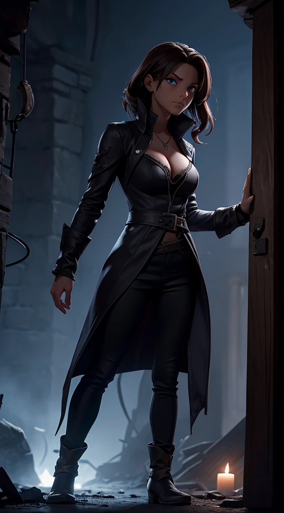 Environment: A dark night envelops the city of Noctisburg. Narrow streets, lit by flickering lanterns, create dancing shadows. Weathered stone walls hold secrets whispered by night winds. The air is thick, filled with distrust and the welcoming Curse of Wrath that hangs like an eternal shadow over the city. Renegade Character: Melissa Puerto Appearance: black skin, disheveled brown hair, dark clothes that absorb light, eyes that reflect the pain of abandonment. Big breasts, big ass, cleavage. Personality: Determined and reserved, Melissa hides her emotional scars behind a cold facade. Your soul is shaped by betrayal. Curse of Wrath Power: Shadows obey your command, wrapping around your hands like claws. Your wrath will intensify this power, unleashing a dark vision of destruction. Curse Marks: Shadowy tattoos that snake down his arm, glowing when the Curse is activated. Abilities: Supernatural speed, keen night vision and the ability to manipulate shadows for attacks and defense. Scene: Melissa walks the dark roads of Noctisburg, a lonely silhouette in the darkness. Your footsteps echo, echoing your loneliness. As you approach a run-down tavern, murmurs of distrust spread. Furthermore, there is a sinister presence that leaves customers in an uncomfortable silence. Kaito's dark aura creates a tense atmosphere in the tavern, revealing a duality between the renegade boy and the city that disowned him. Additional Environmental Details: Fading light reveals faded murals that tell the story of the Curse of Wrath. The candles flicker, creating shadows that dance on the walls. The icy atmosphere reflects the emotional coldness that Kaito developed to survive in Noctisburg.
