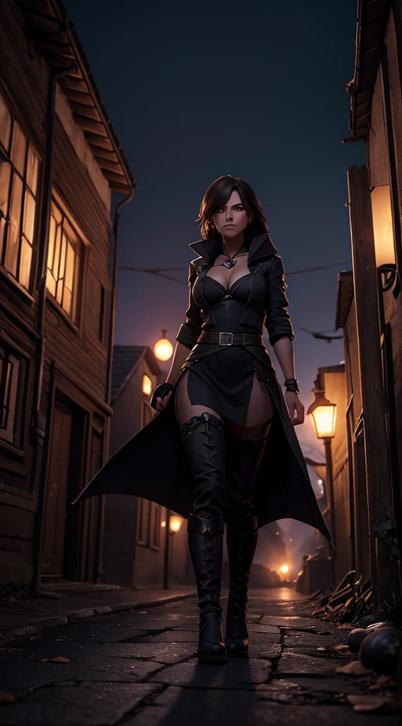 Environment: A dark night envelops the city of Noctisburg. Narrow streets, lit by flickering lanterns, create dancing shadows. Weathered stone walls hold secrets whispered by night winds. The air is thick, filled with distrust and the welcoming Curse of Wrath that hangs like an eternal shadow over the city. Renegade Character: Melissa Puerto Appearance: black skin, disheveled brown hair, dark clothes that absorb light, eyes that reflect the pain of abandonment. Big breasts, big ass, cleavage. Personality: Determined and reserved, Melissa hides her emotional scars behind a cold facade. Your soul is shaped by betrayal. Curse of Wrath Power: Shadows obey your command, wrapping around your hands like claws. Your wrath will intensify this power, unleashing a dark vision of destruction. Curse Marks: Shadowy tattoos that snake down his arm, glowing when the Curse is activated. Abilities: Supernatural speed, keen night vision and the ability to manipulate shadows for attacks and defense. Scene: Melissa walks the dark roads of Noctisburg, a lonely silhouette in the darkness. Your footsteps echo, echoing your loneliness. As you approach a run-down tavern, murmurs of distrust spread. Furthermore, there is a sinister presence that leaves customers in an uncomfortable silence. Kaito's dark aura creates a tense atmosphere in the tavern, revealing a duality between the renegade boy and the city that disowned him. Additional Environmental Details: Fading light reveals faded murals that tell the story of the Curse of Wrath. The candles flicker, creating shadows that dance on the walls. The icy atmosphere reflects the emotional coldness that Kaito developed to survive in Noctisburg.