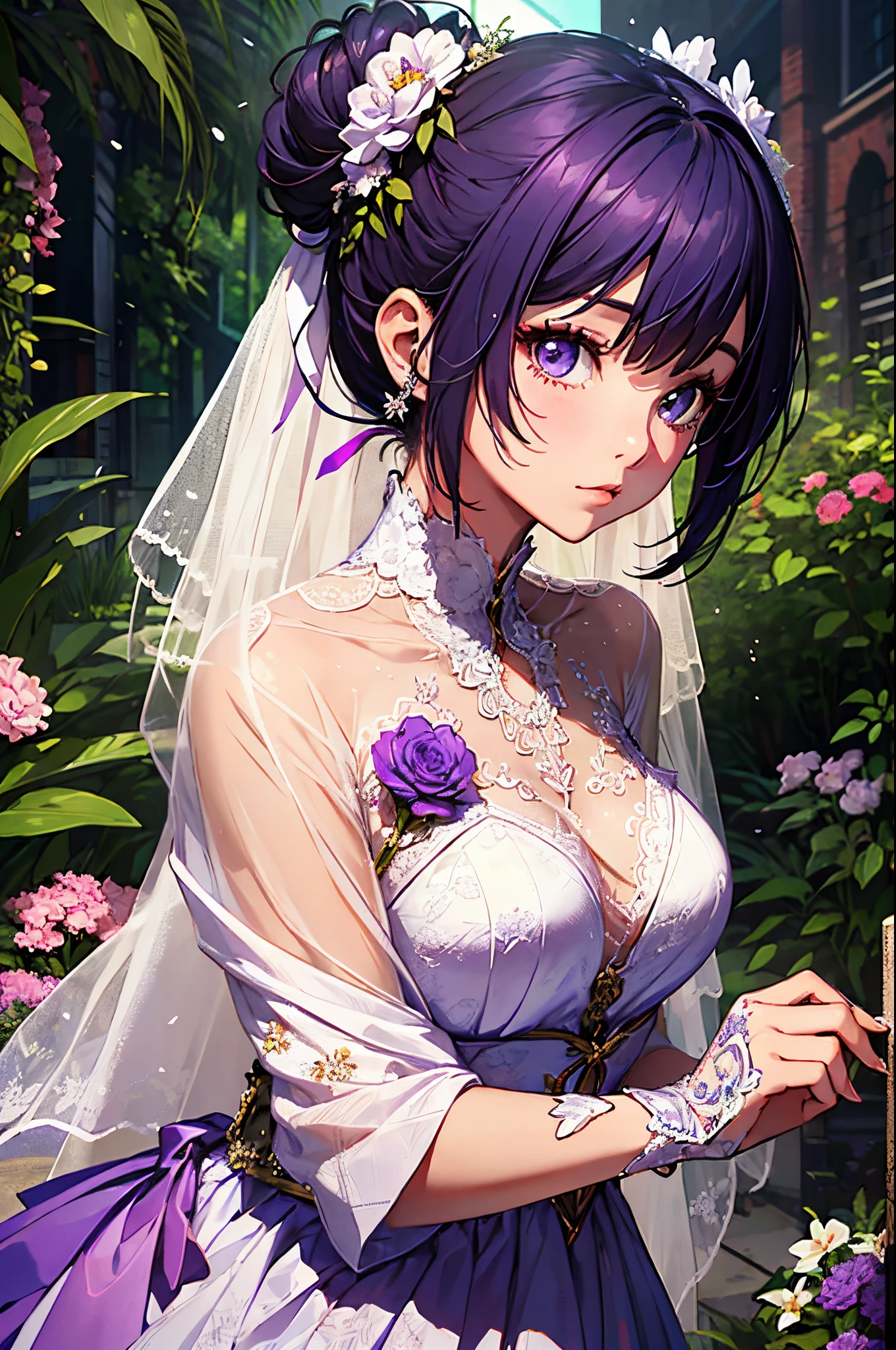 ​masterpiece、high detail girls（（独奏、a beauty girl、doress、Hair ornaments with attention to detail、Hair is tied up））、purple color  hair、Bun、Short Bob、Background with((fantastic wedding))、Glowing flower garden、diamond flower