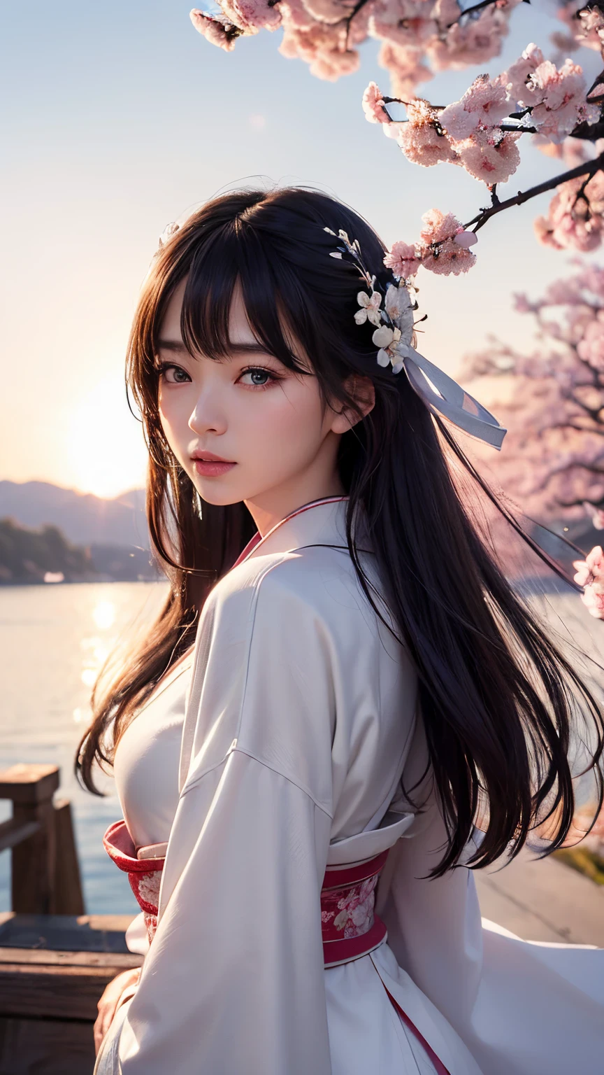 (A logo、masterpiece、8K、masutepiece、Raw photo、Fantastic、Best Quality、Photorealistic、extremely detailed CG unified 8k wallpaper、hightquality、ighly detailed、epic poem、Particle effect、Dynamic effects、depth of fields、Cinematic Light、Lens Flare、Ray tracing)、Fantasia、 (1 beautiful woman in a white coat、robe blanche、Japanese dress、A dark-haired、Beautiful face、Real Face、Beautiful detail eyes、Beautiful skin)、Hair flutters in the wind、Hair jumps、Pink cherry blossom tree、Petals flutter、Sakura blizzard、Superb view、morning glow、Sun in the background、the wind、Deities、tusk、myth、Vast Land、