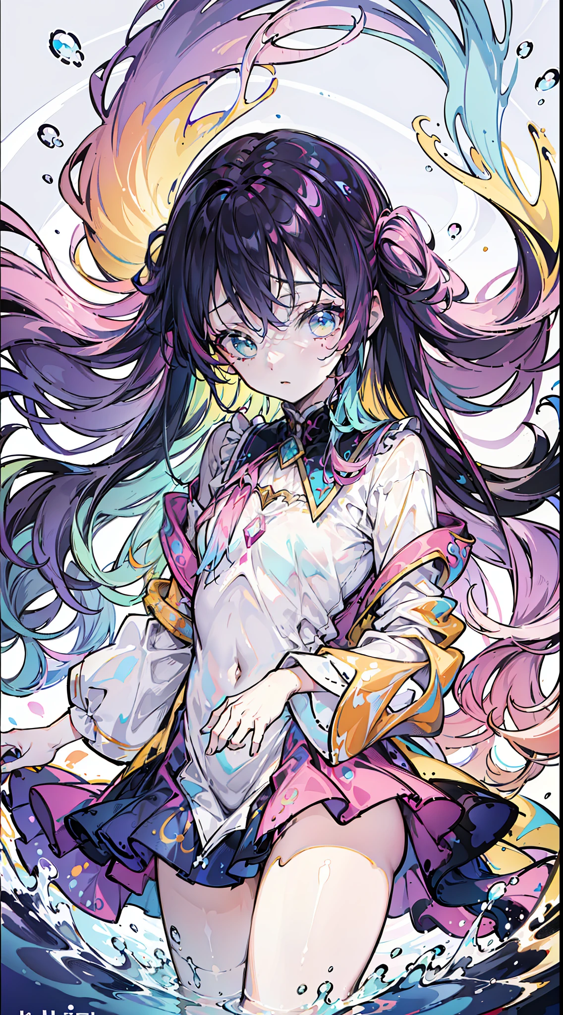 (flat color:1.1), (colorful:1.3), (masterpiece:1.2), best quality, masterpiece, original, extremely detailed wallpaper, looking at viewer, 1girl, solo, floating colorful water.wetclothes, closeup, wetdody, （（Mitsur：1.3）i