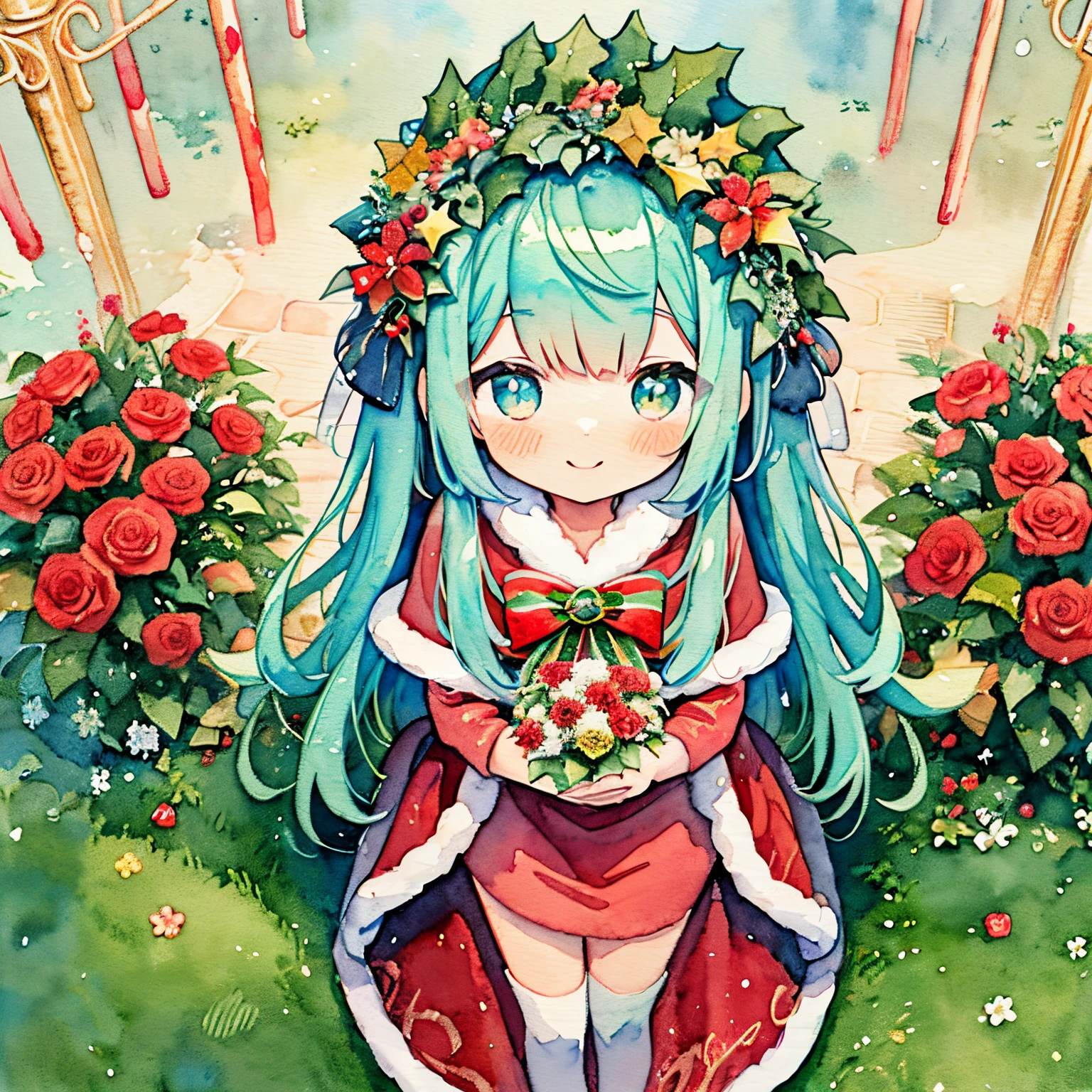 1girl in、（Wear red and green lace feathers：1.5）、masutepiece, Best Quality, Extremely detailed, Anime, Christmas Colors、Holly、Flower Arrangement Wreath Background、A smile、、 Dress, knee sox, Lace, Christmas Colors：1.1、Holly、Flower Arrangement Wreath Background、A smile、(PastelColors:1.2)、(Cute illustration:1.2)、(watercolor paiting:1.2)、with a large bouquet：1.1、From  above、Decorative large horns:1.3,levitation：1.1、Thick wool gown:1.3