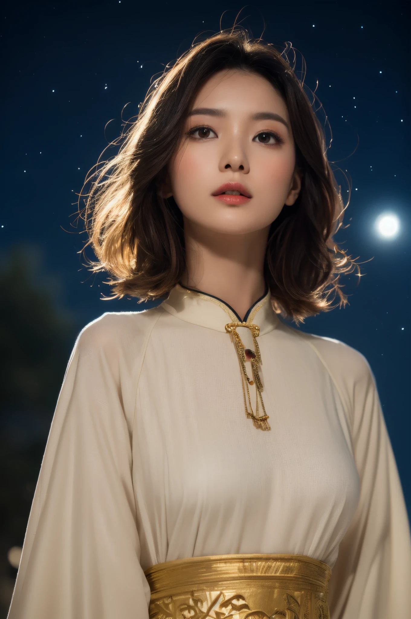 (tmasterpiece, top-quality, Best quality at best, extreme hight detail, extreme hight detail, offcial art, Beauty and aesthetics: 1.2), asiagirl, upperbody shot, pretty face, Alone, perfect bodies, Fly in the sky, portrait of one girl, Silver gradient hair, brunette color hair, faeries, Ambilight, (sexy for), suns rays, clouds, Hanfu, Chinese clothes, Eau, glowworm , the night, starrysky, jewely, feathers on clothes, Peacock feathers, Light particles,