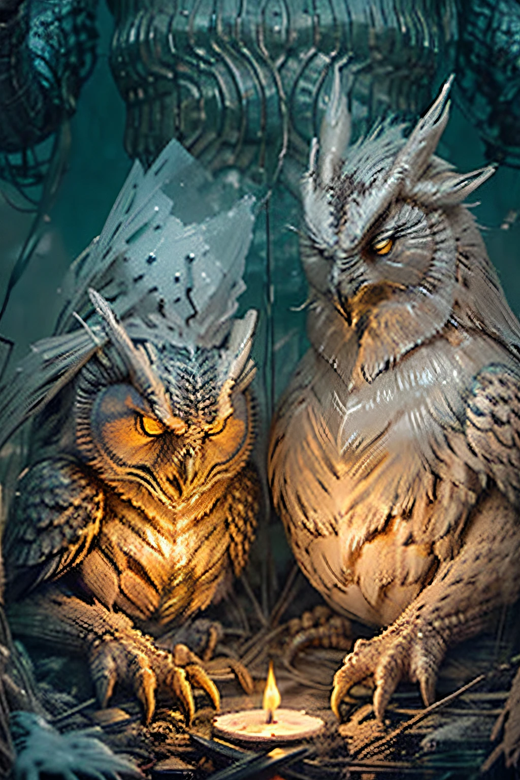 Svarog with an eagle owl, Winter Forest, burning candle.
