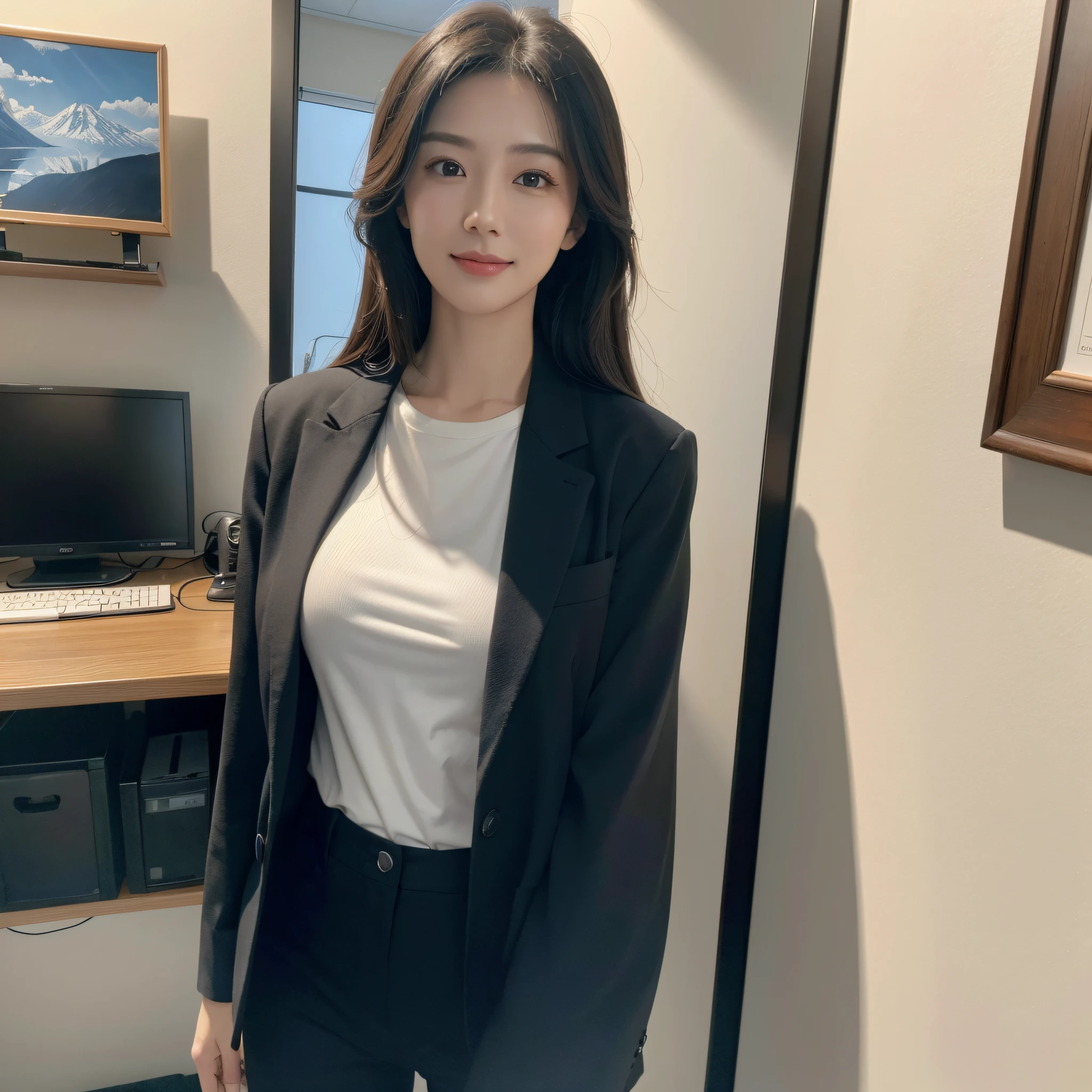 One super beautiful woman、((best qualtiy、8k masterpieces:1.3))、foco nítido:1.2、(ultra beautiful faces:1.0)、(shinny skin:1.0)、photos realistic、A dark-haired、Video Lighting、High-definition eyes and face、Japan Idol Actress、from the front side、medium breasts、Smile、Slender Abs Beauty、Whole body、wears a suit、wearing a shirts、In the office