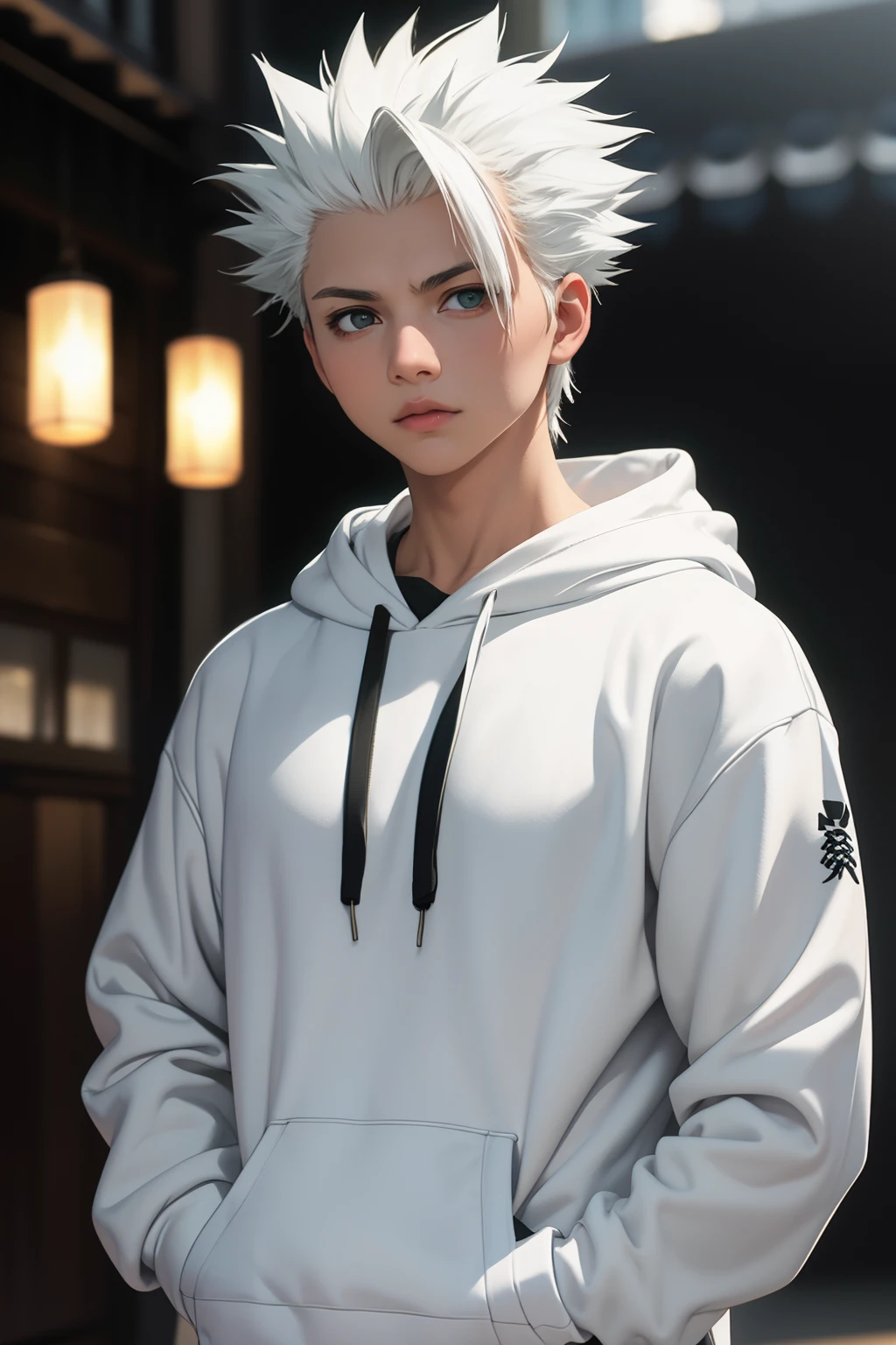 masterpiece, best quality, high quality, 1boy, solo, male focus, looking at viewer, upper body, hitsugaya_toushirou, wearing Streetwear Hoodie, dinamic lighting, blurry background